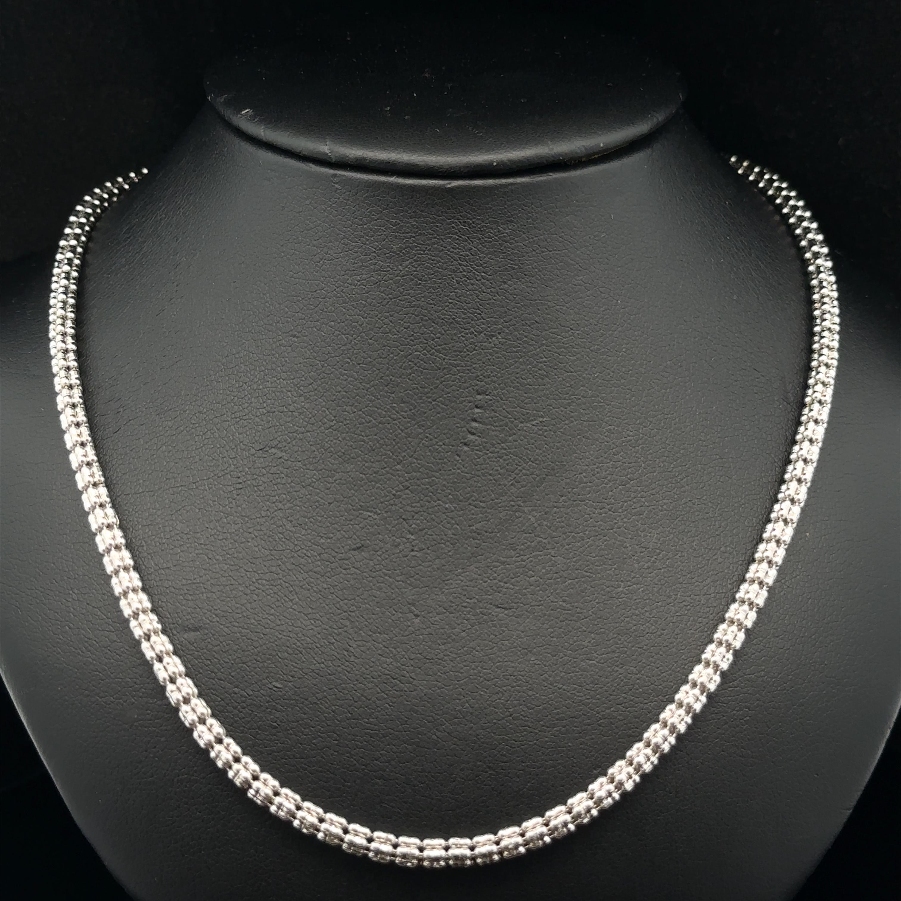 Material: Solid 14k White Gold 
Weight: 17.4 Grams
Chain Type: 3D Fancy Diamond Cut Ice Chain Rounded Link 
Chain Length: 20 inches (measured next to ruler)
Chain Thickness & Width: 3.2mm (0.12