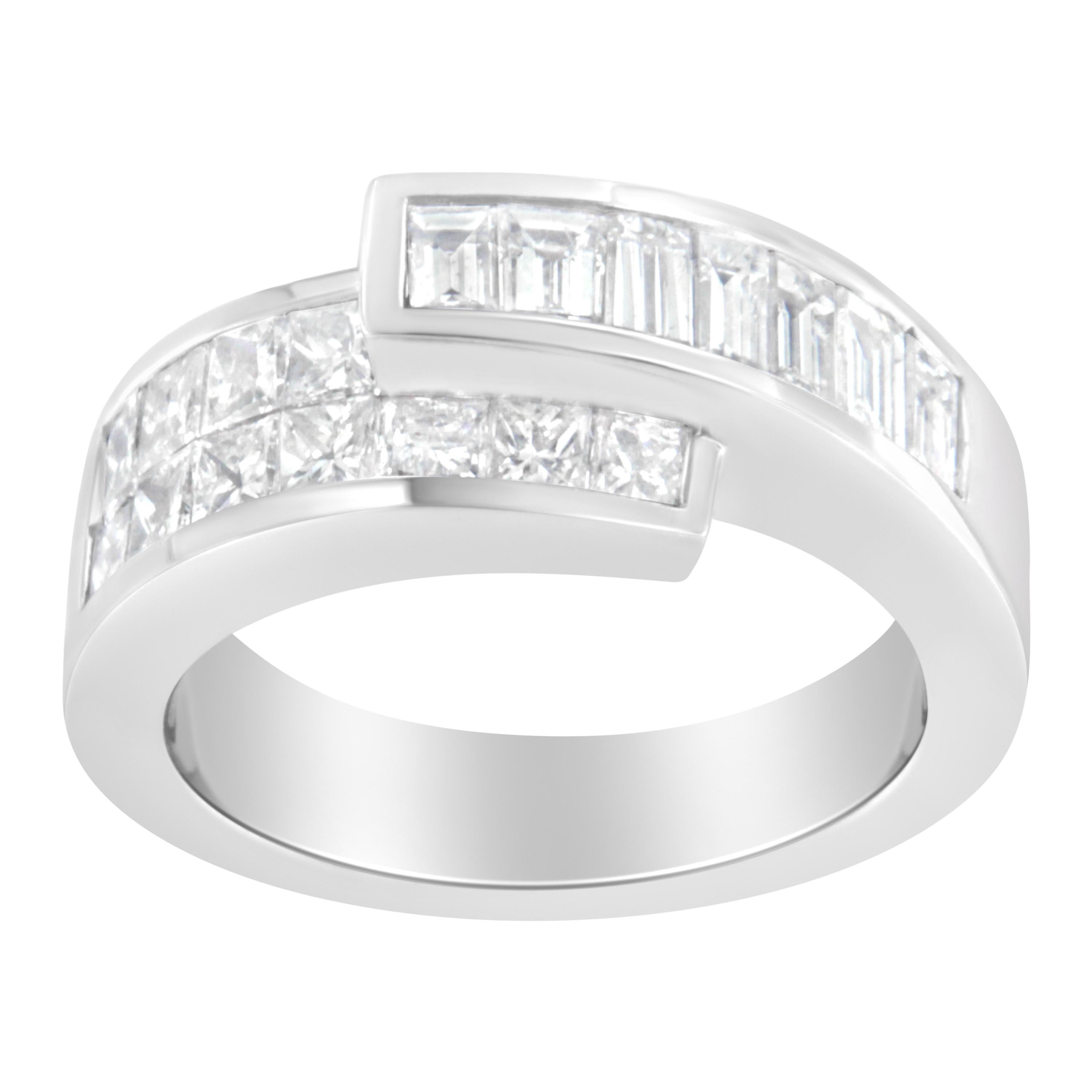 This asymmetrically designed cocktail ring will be the most unique piece you have in your jewelry collection. Crafted in the finest 14k white gold, this ring has an overlapping band that is set with beautiful princess and baguette-cut diamonds. The