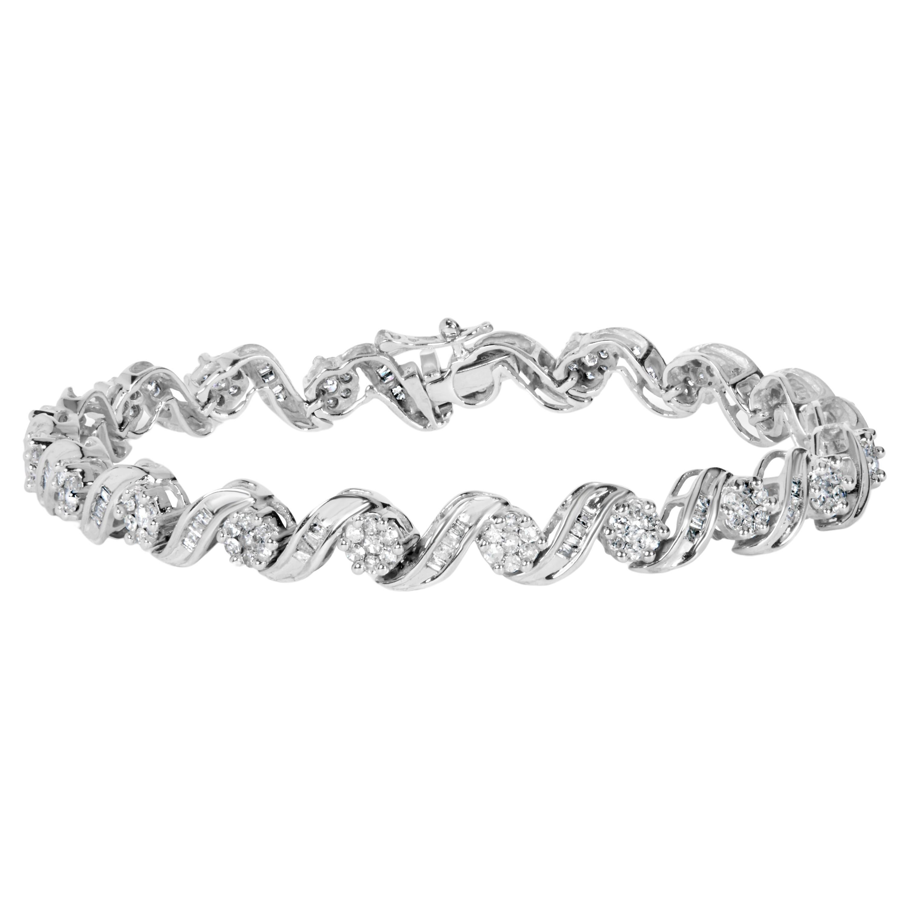 14K White Gold 2.00 Carat Diamond Cluster and Spiral Link Bracelet For Sale