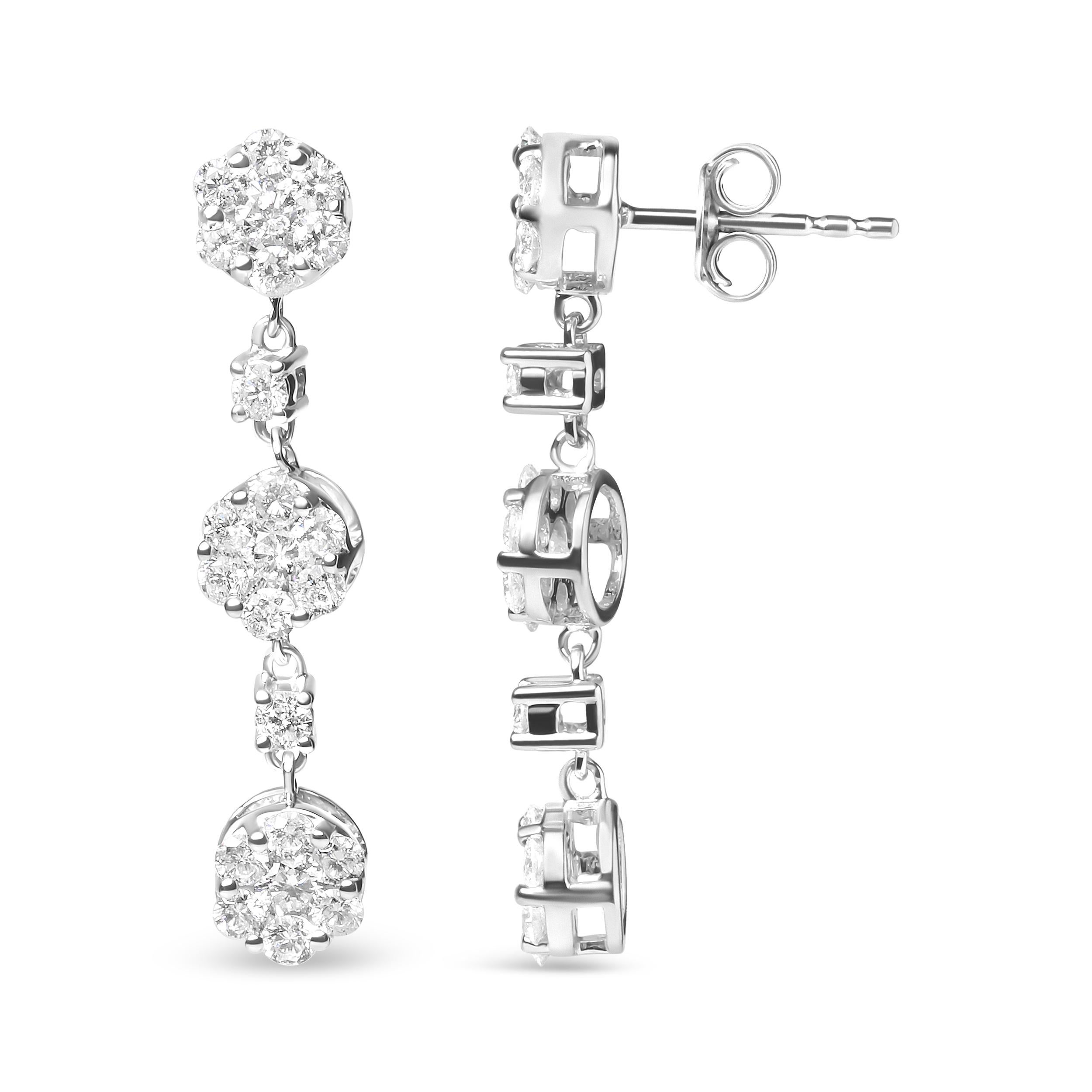 Modern 14k White Gold 2.00 Carat Diamond Composite Cluster Floral Drop Earrings