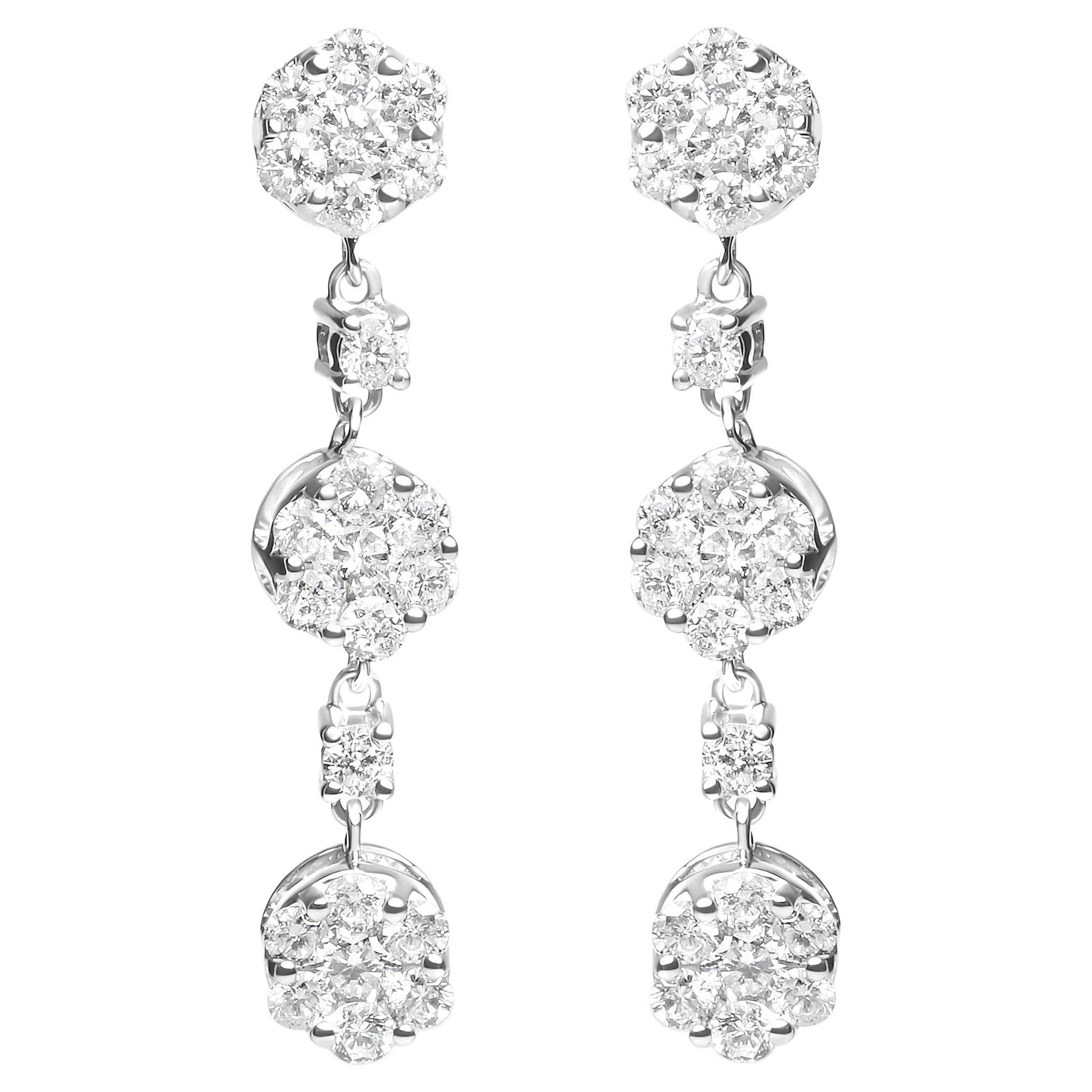 14k White Gold 2.00 Carat Diamond Composite Cluster Floral Drop Earrings