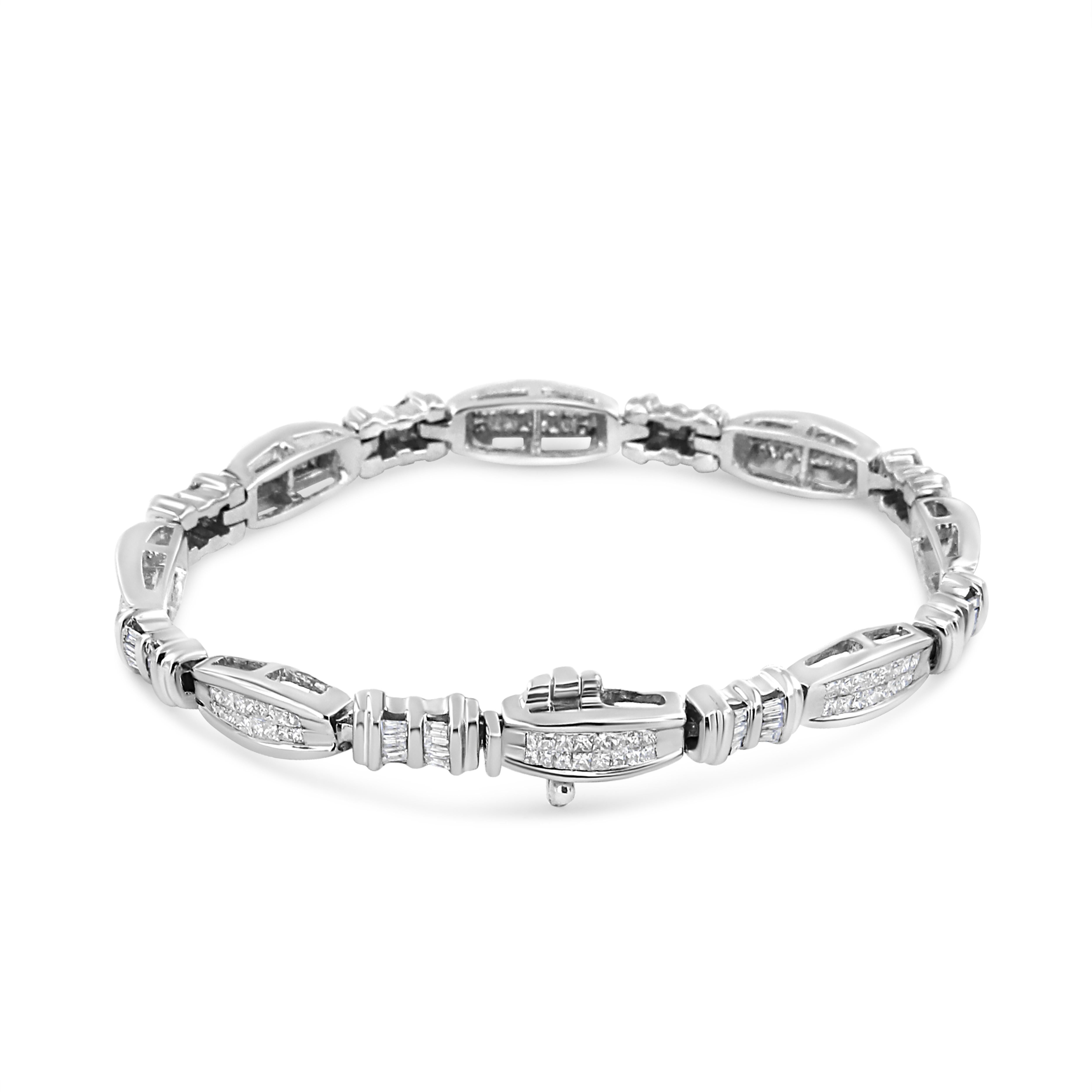 This stunning link bracelet is a great accessory. Crafted in 14k white gold, this design features channel set, princess cut diamonds set in rectangular frames. Shimmering baguette cut diamonds inlay smaller geometric pieces with vertical rows