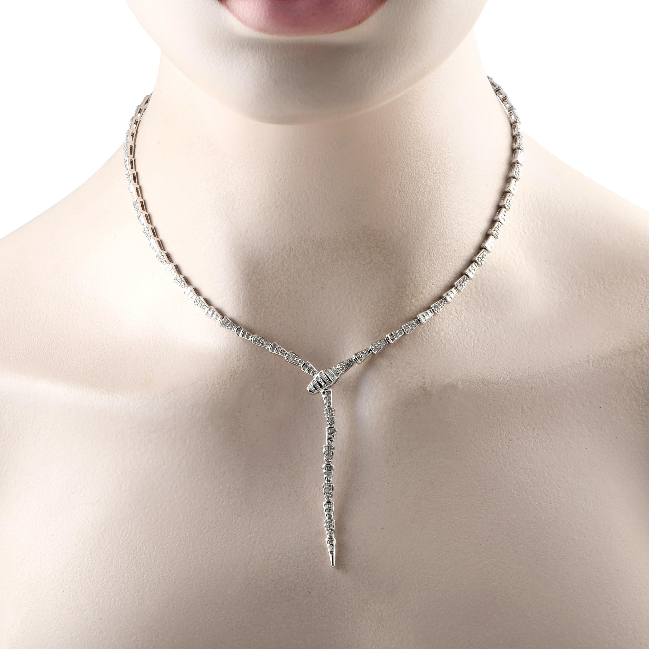 A stylish serpentine shape makes this luxury necklace an elegant addition to any ensemble. This pieces 14K white gold links shine to life thanks to a stunning array of inset diamonds, which together possess a total weight of 2.01 carats. It measures