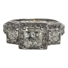 14K White Gold 2.04 TW Princess Cut Diamond Engagement 3 stone Ring with Halo