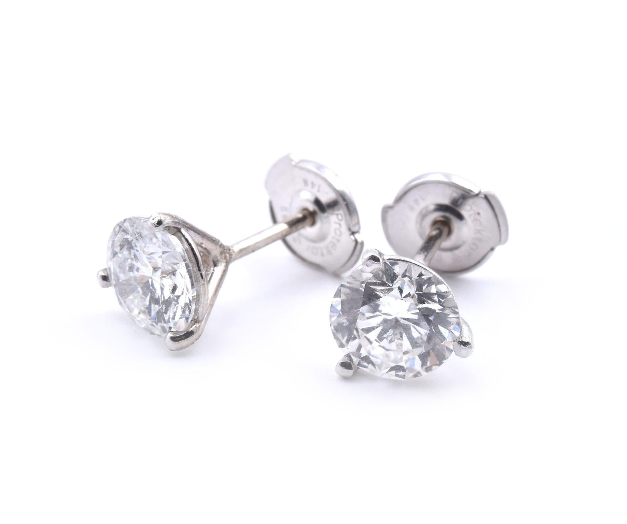 Round Cut 14 Karat White Gold 2.08 Carat Diamond Stud Earrings For Sale