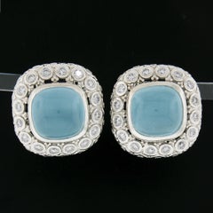 14K White Gold 20ct Aquamarine Cushion Cut w/ Diamond Halo Large Button Earrings