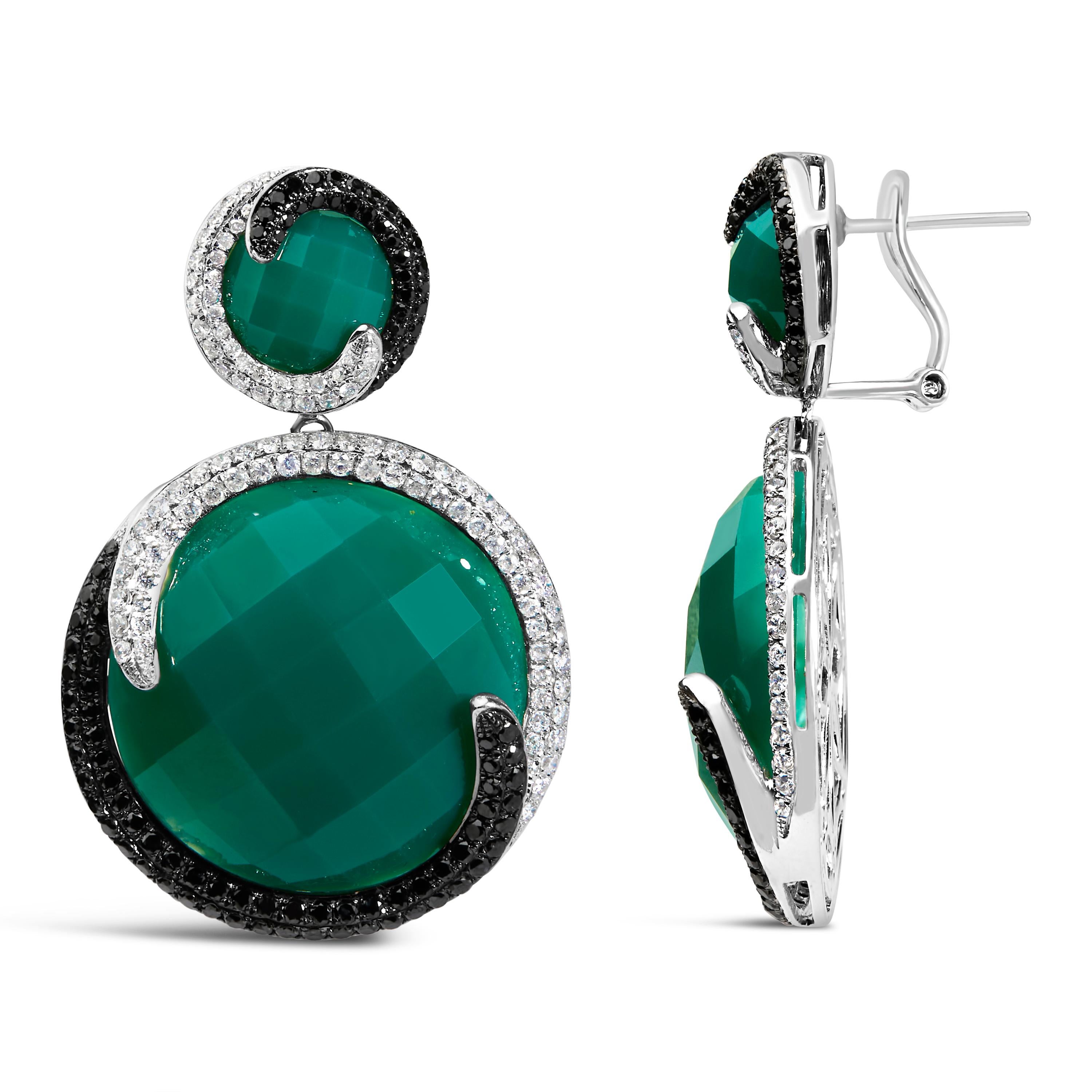 Modern 14K White Gold 2.0ct White & Black Diamond, Green Agate Medallion Dangle Earring For Sale