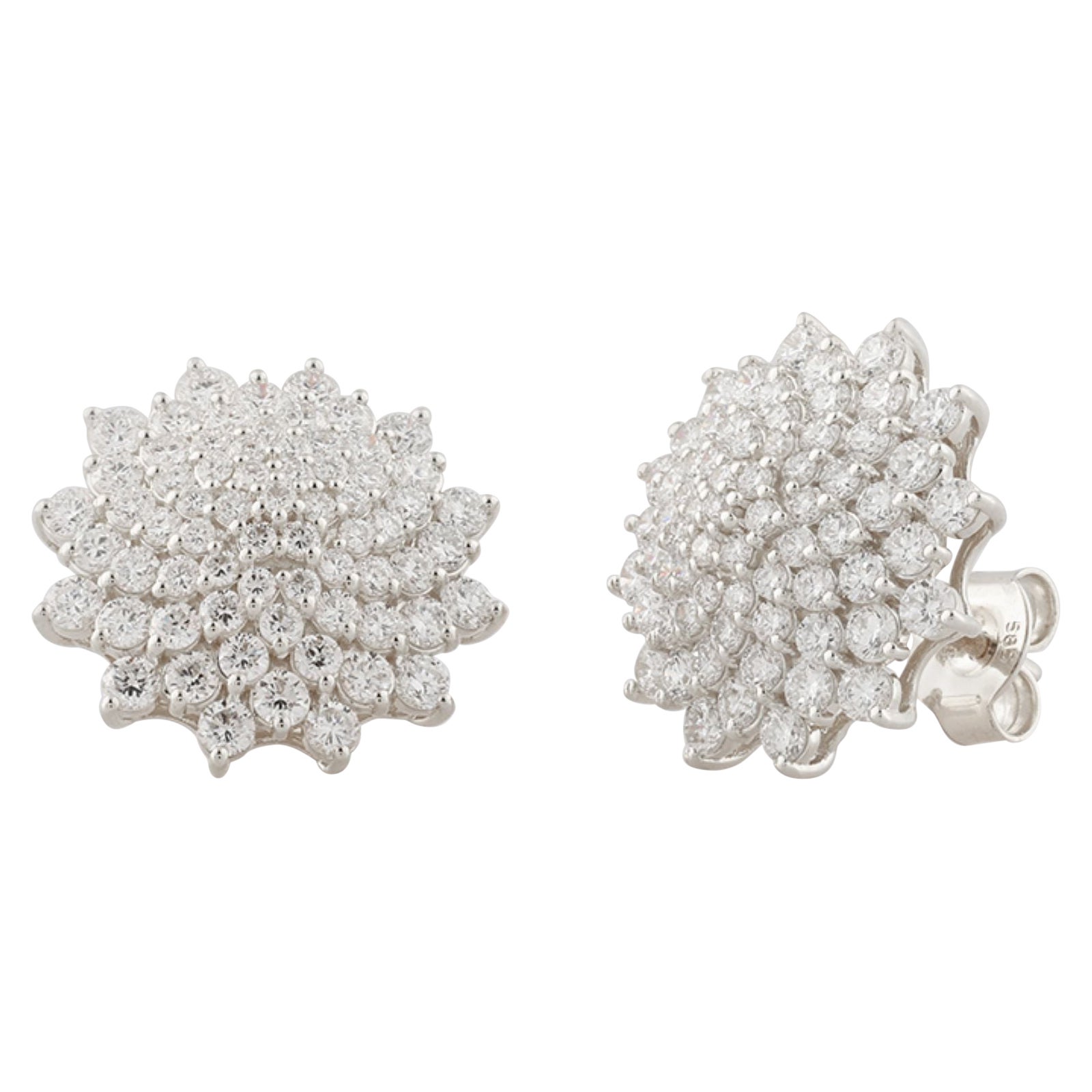 14K White Gold 2.10 Cts Diamond Floral Cluster Stud Earrings