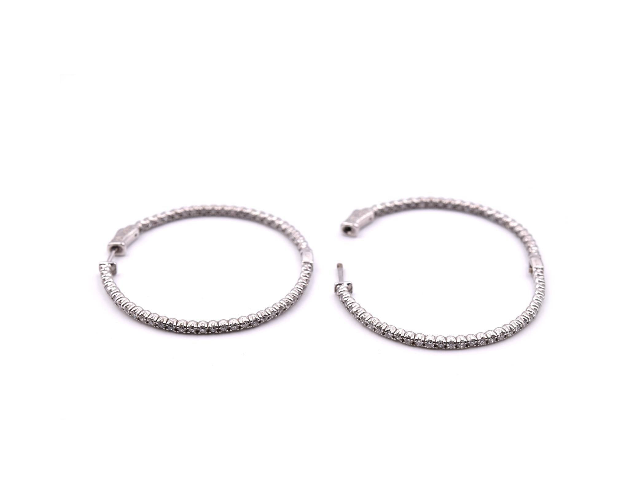 Round Cut 14 Karat White Gold 2.12 Carat Diamond Hoop Earrings