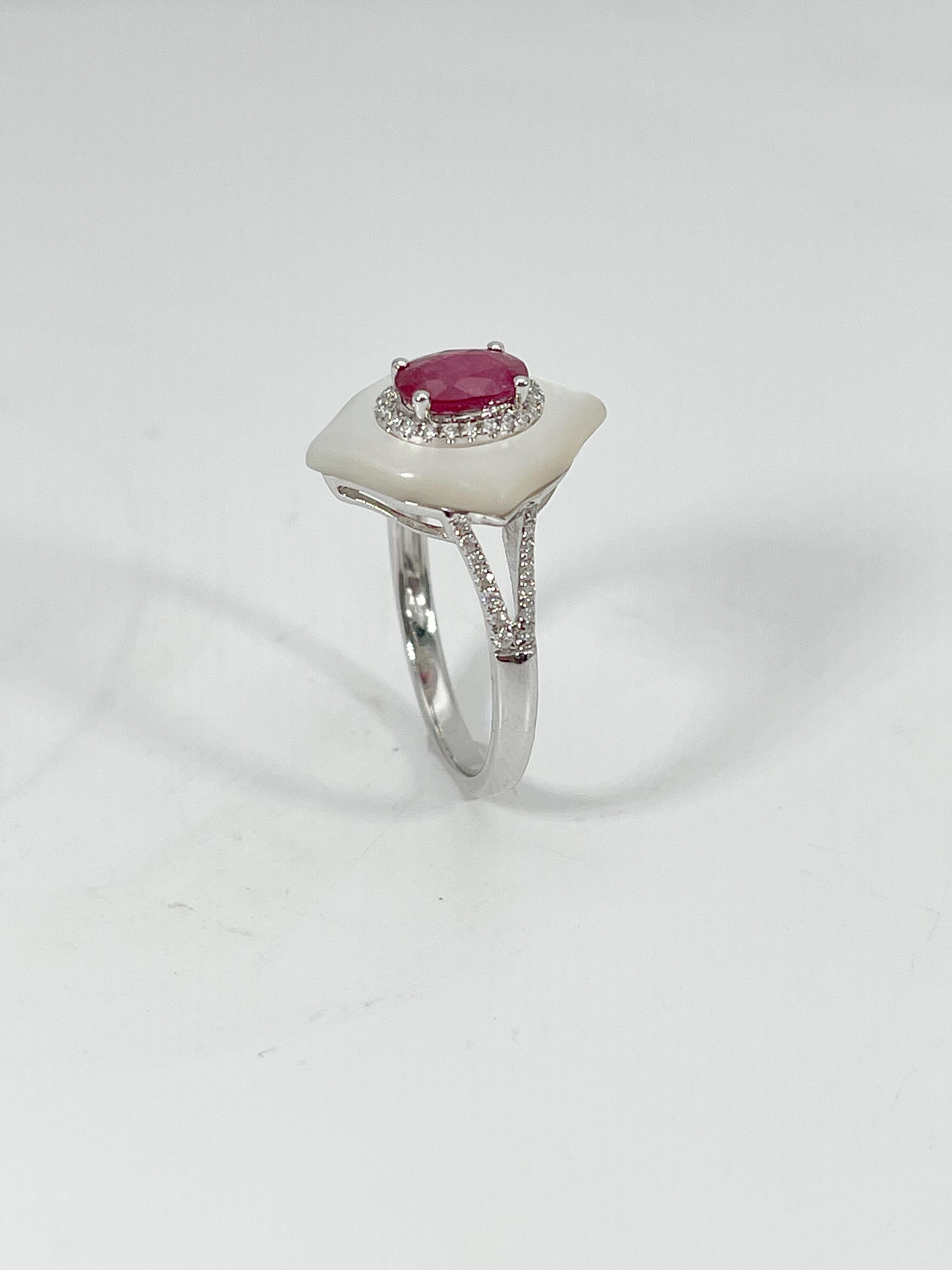 Oval Cut 14K White Gold 2.14 CTW Mother of Pearl, 1.10 CTW Ruby, and .14 CTW Diamond Ring For Sale