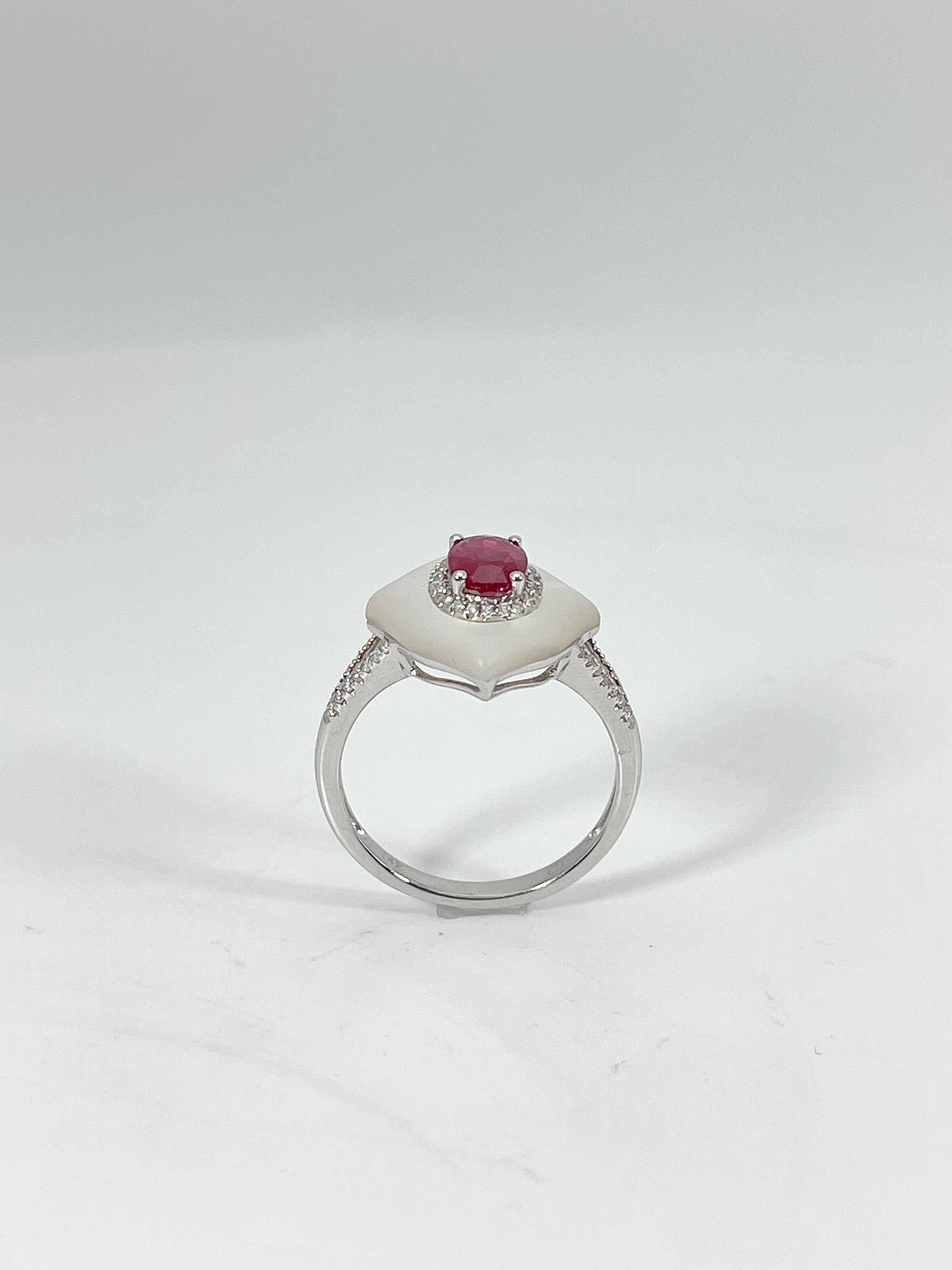 14K White Gold 2.14 CTW Mother of Pearl, 1.10 CTW Ruby, and .14 CTW Diamond Ring In New Condition For Sale In Stuart, FL