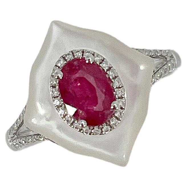14K White Gold 2.14 CTW Mother of Pearl, 1.10 CTW Ruby, and .14 CTW Diamond Ring