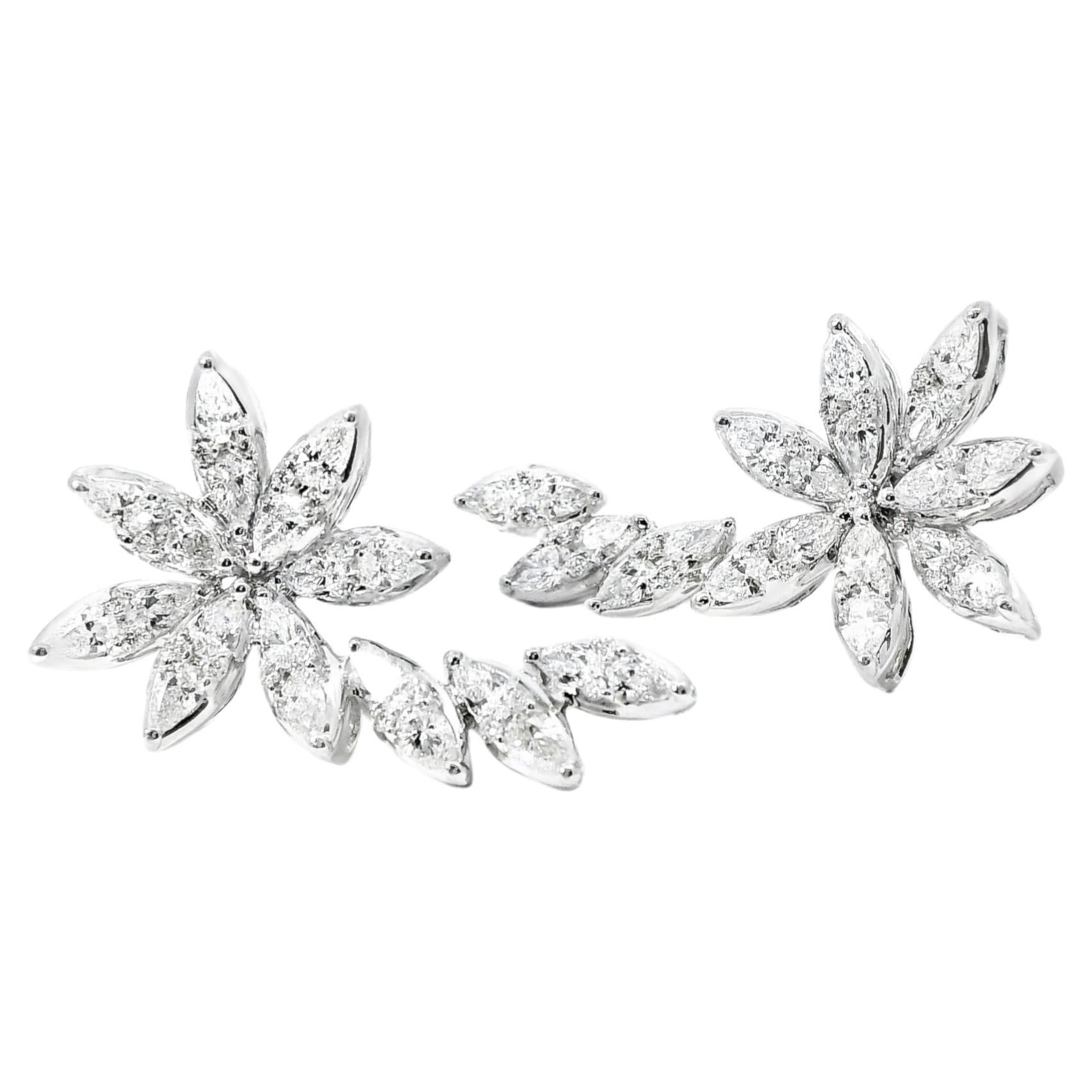 14k White Gold 2.14ctw Natural Multi Cut Diamond Flower Dangle Earrings For Sale