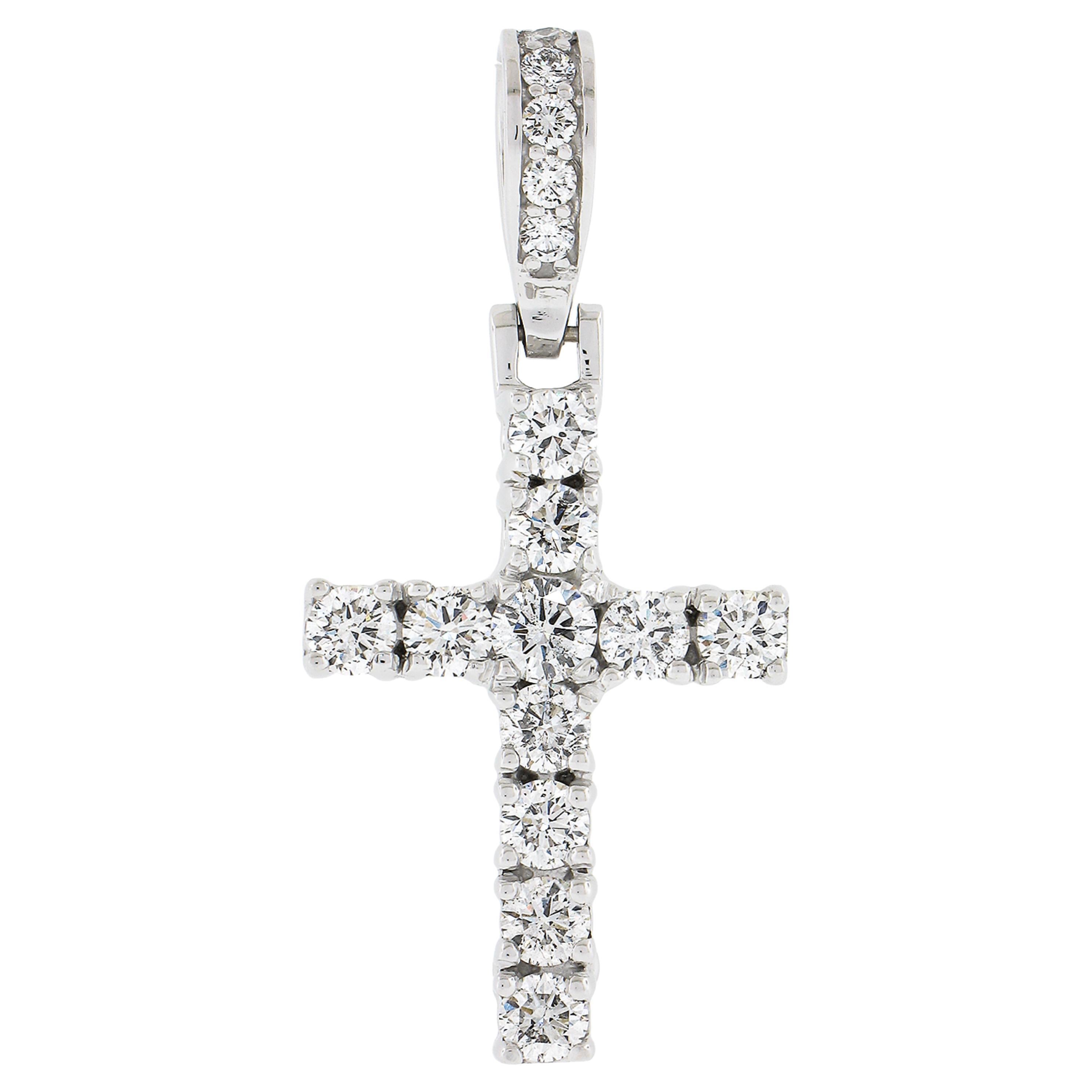 14k White Gold 2.15ctw Fiery Large Round Brilliant Cut Diamond Cross Pendant For Sale