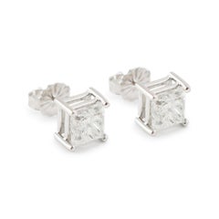 14K White Gold 2.20ct Princess Cut Diamond Push Back Stud Earrings