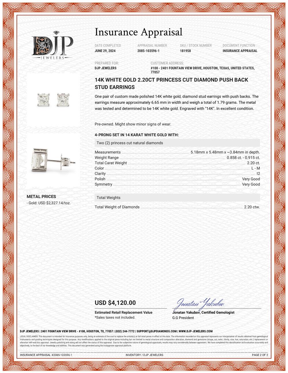 14K White Gold 2.20ct Princess Cut Diamond Push Back Stud Earrings For Sale 4