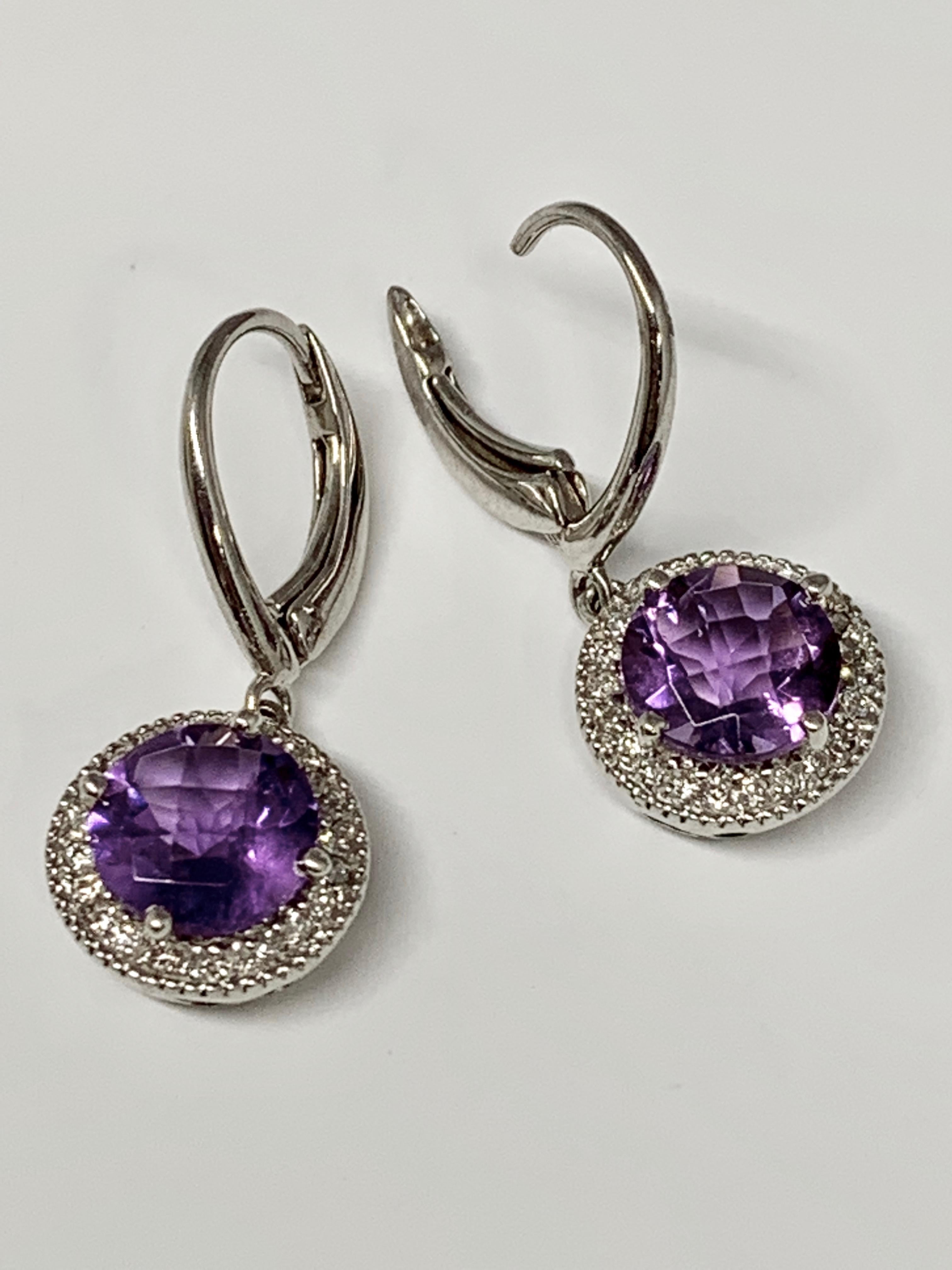 Contemporary 14 Karat White Gold 2.24 Carat Total Weight Amethyst and Diamond Drop Earrings