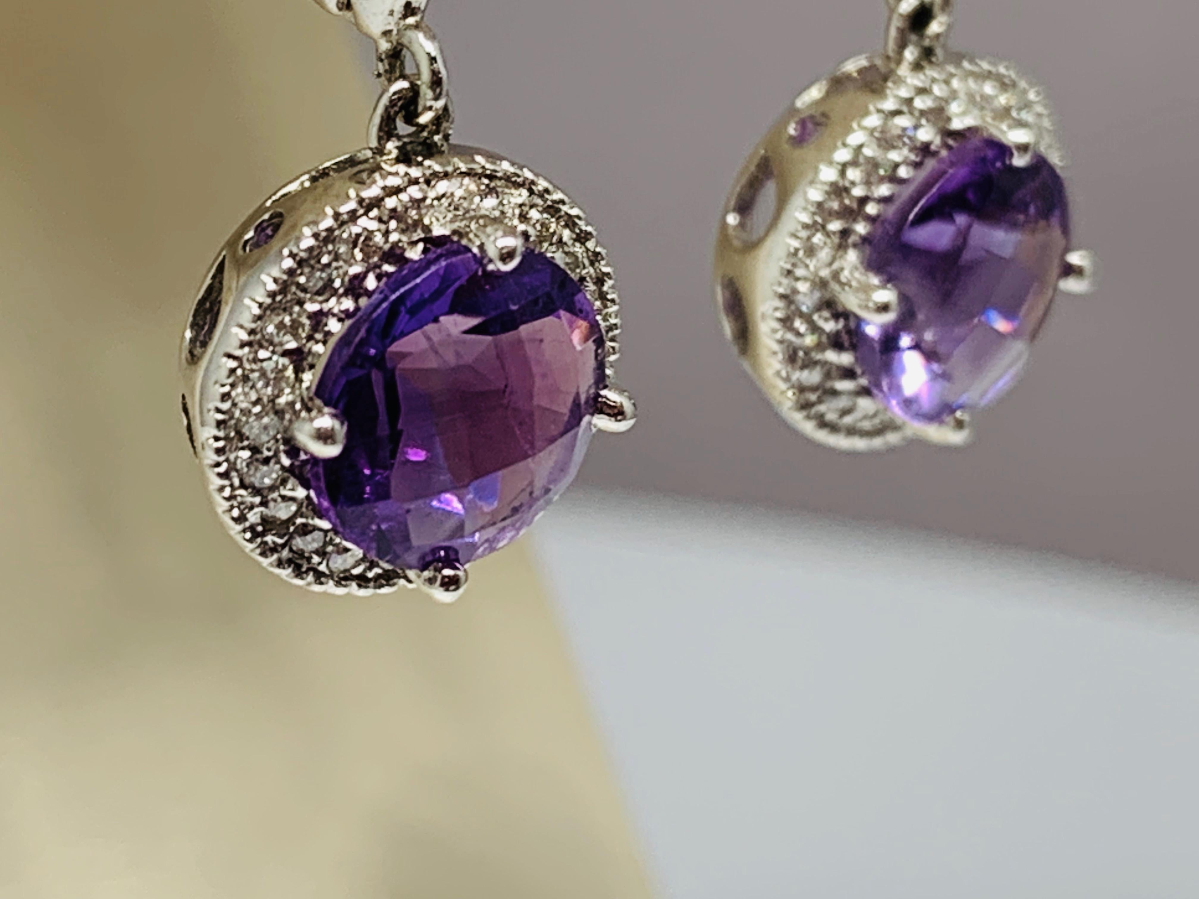 14 Karat White Gold 2.24 Carat Total Weight Amethyst and Diamond Drop Earrings In New Condition In Gainesville , FL