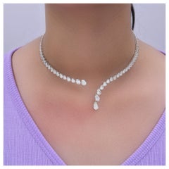14K White Gold 22.74 Ct Natural Diamond Graduating Riviere Drop Necklace