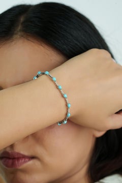 14K White Gold 2.34ct Turquoise & Diamond Station Tennis Bracelet, 6.5 Inches
