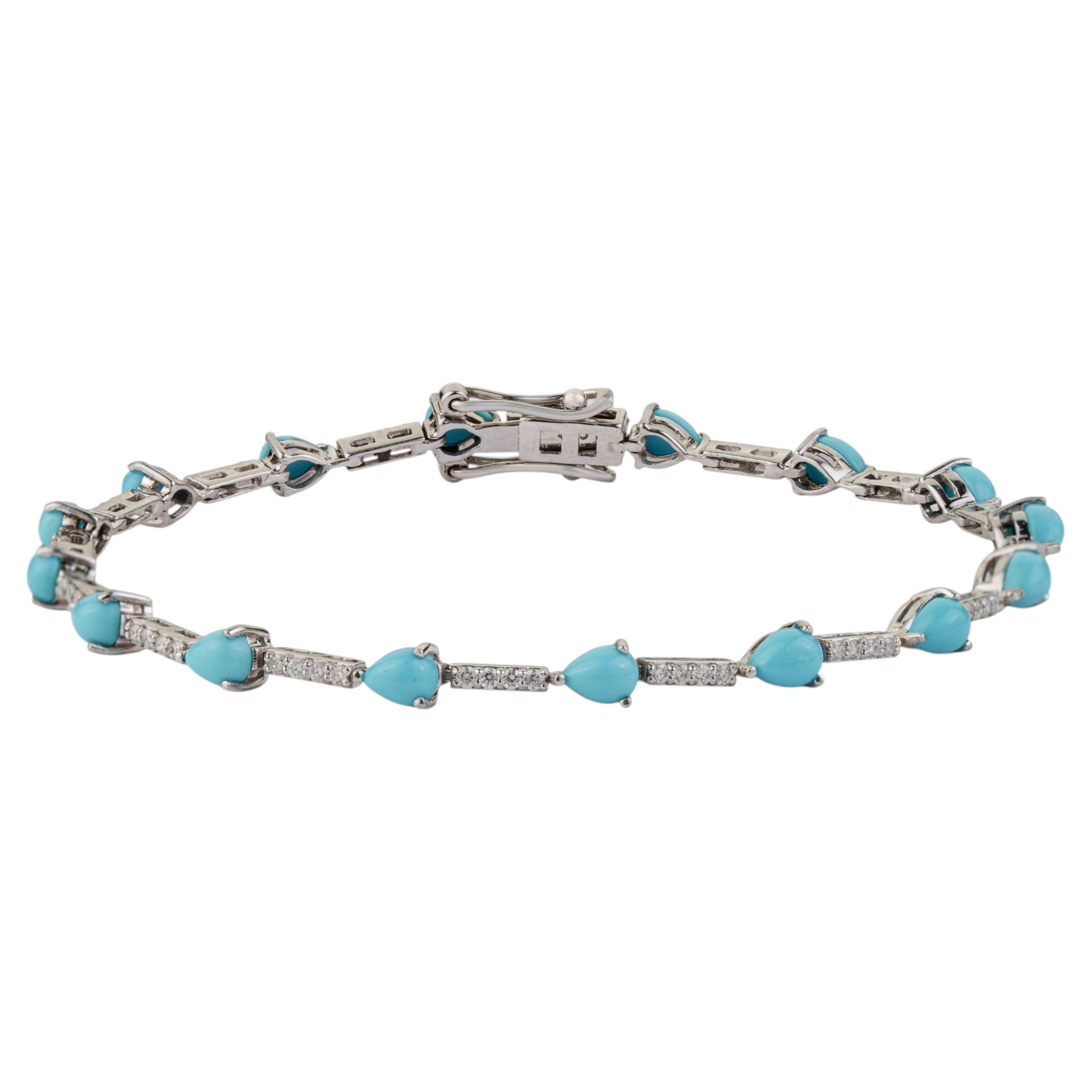 14K White Gold 2.34ct Turquoise & Diamond Station Tennis Bracelet, 6.5 Inches