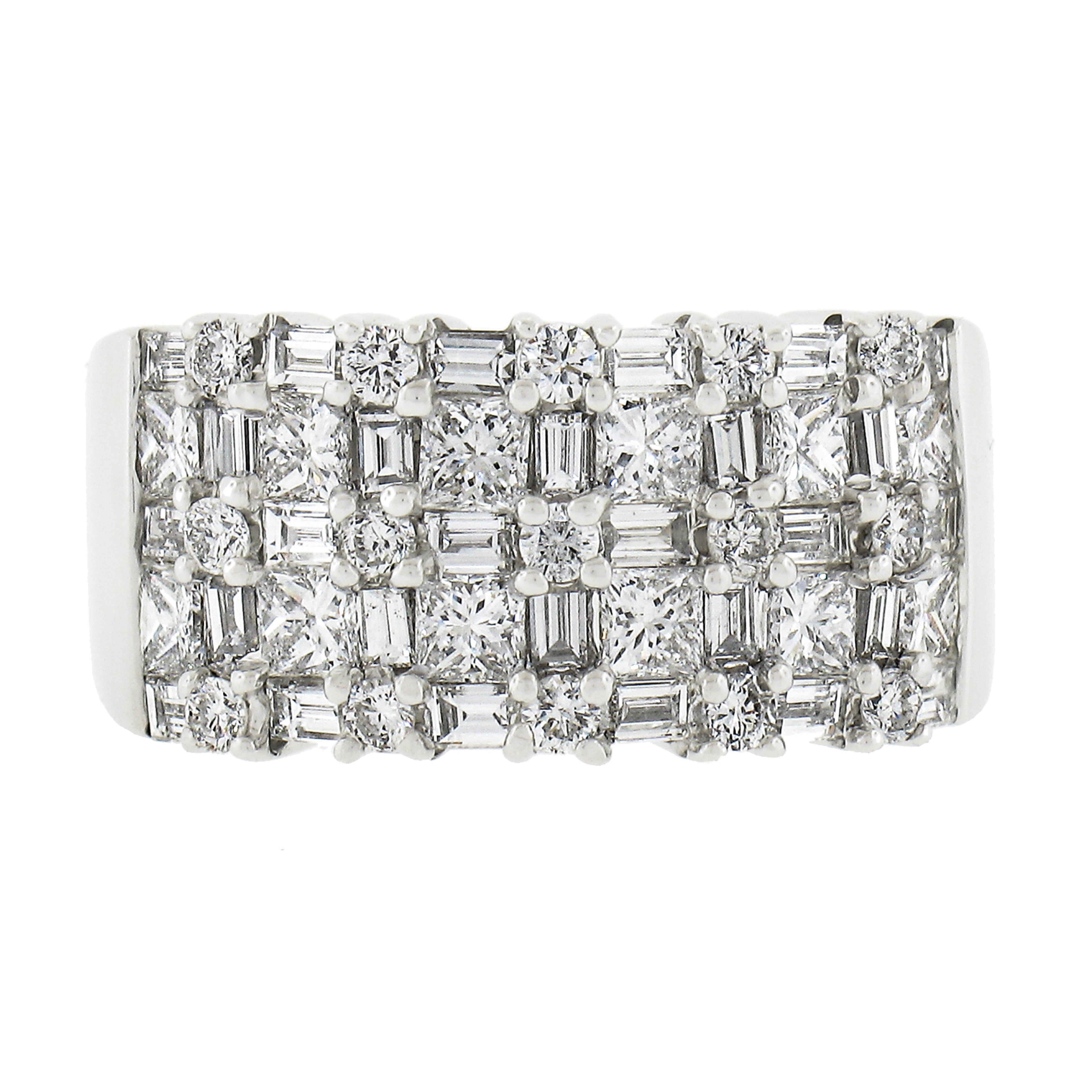 14K White Gold 2.40ctw Basket Weave Baguette & Round Diamond Wide Band Ring For Sale