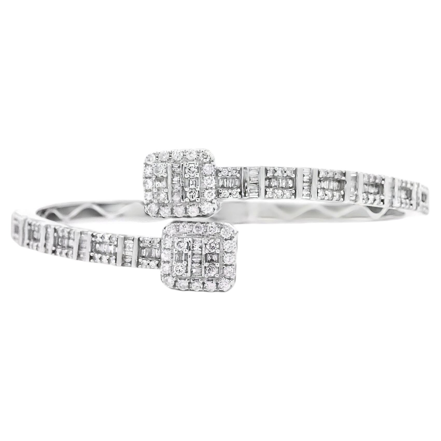 14k White Gold 2.40ctw Natural Round and baguette Diamonds Bangle Bracelet For Sale