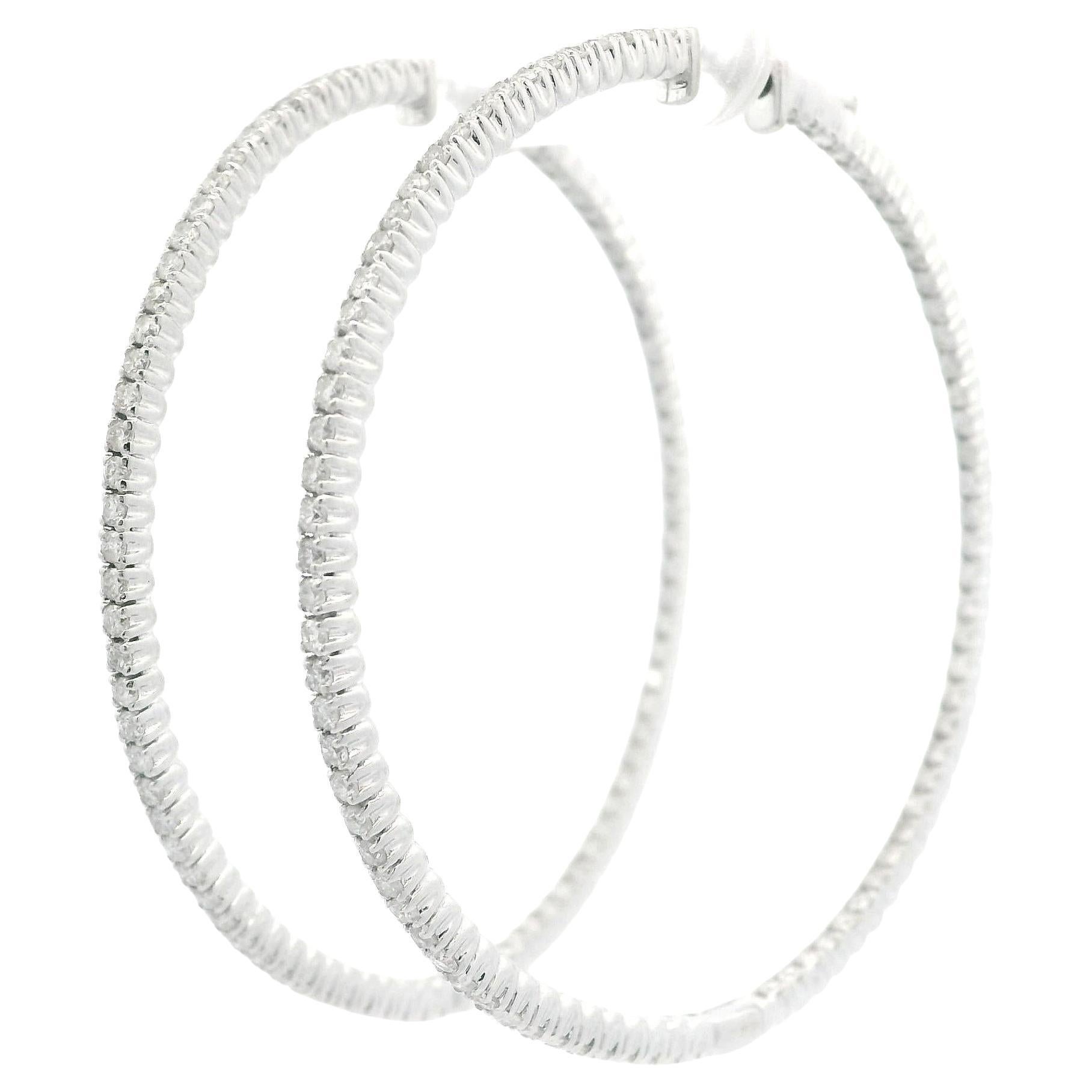 14k White Gold 2.40ctw Round Cut Diamond Large In Out Hoop Snap Earrings