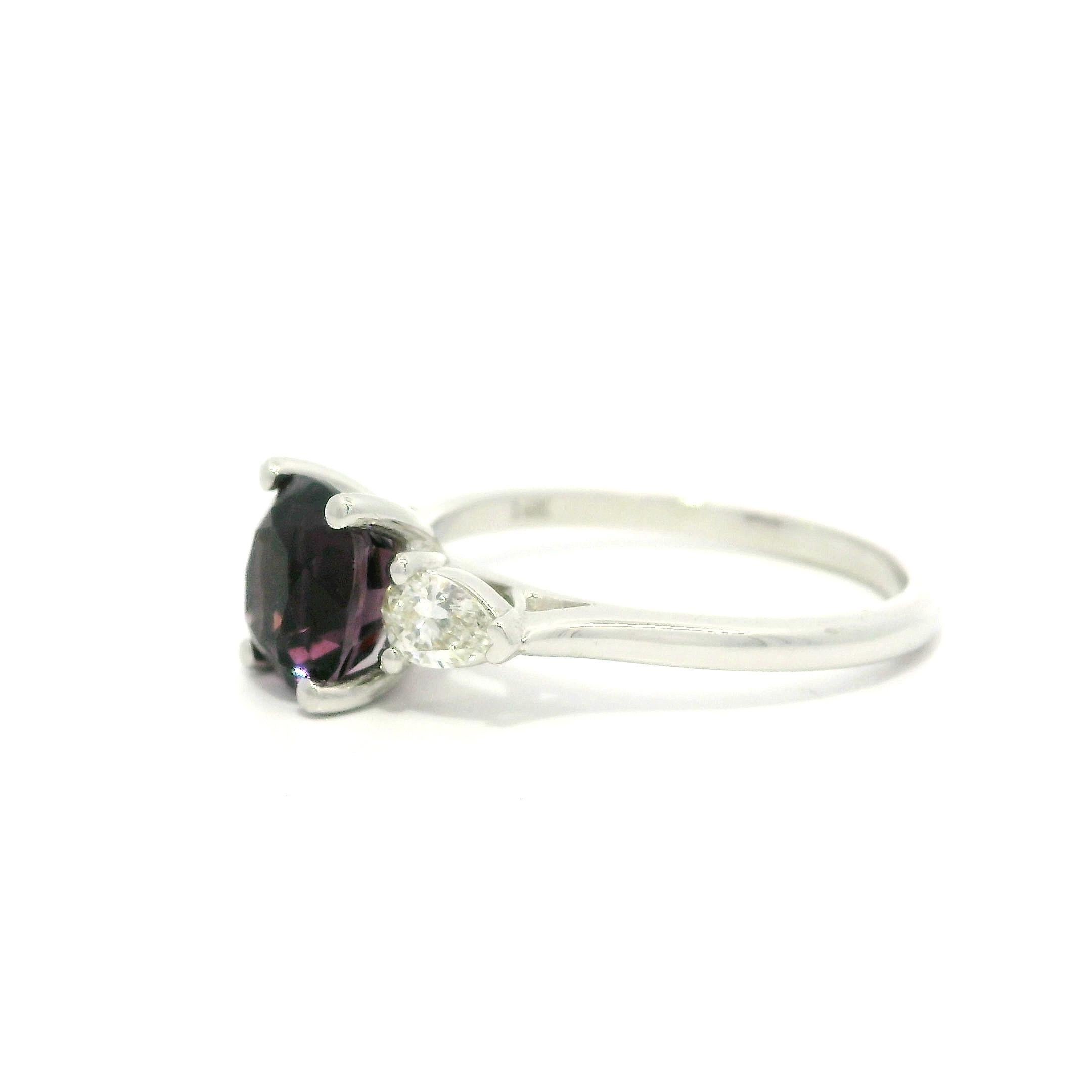14k White Gold 2.44ctw GIA Pinkish Purple Cushion Spinel Pear Diamond Sides Ring For Sale 5