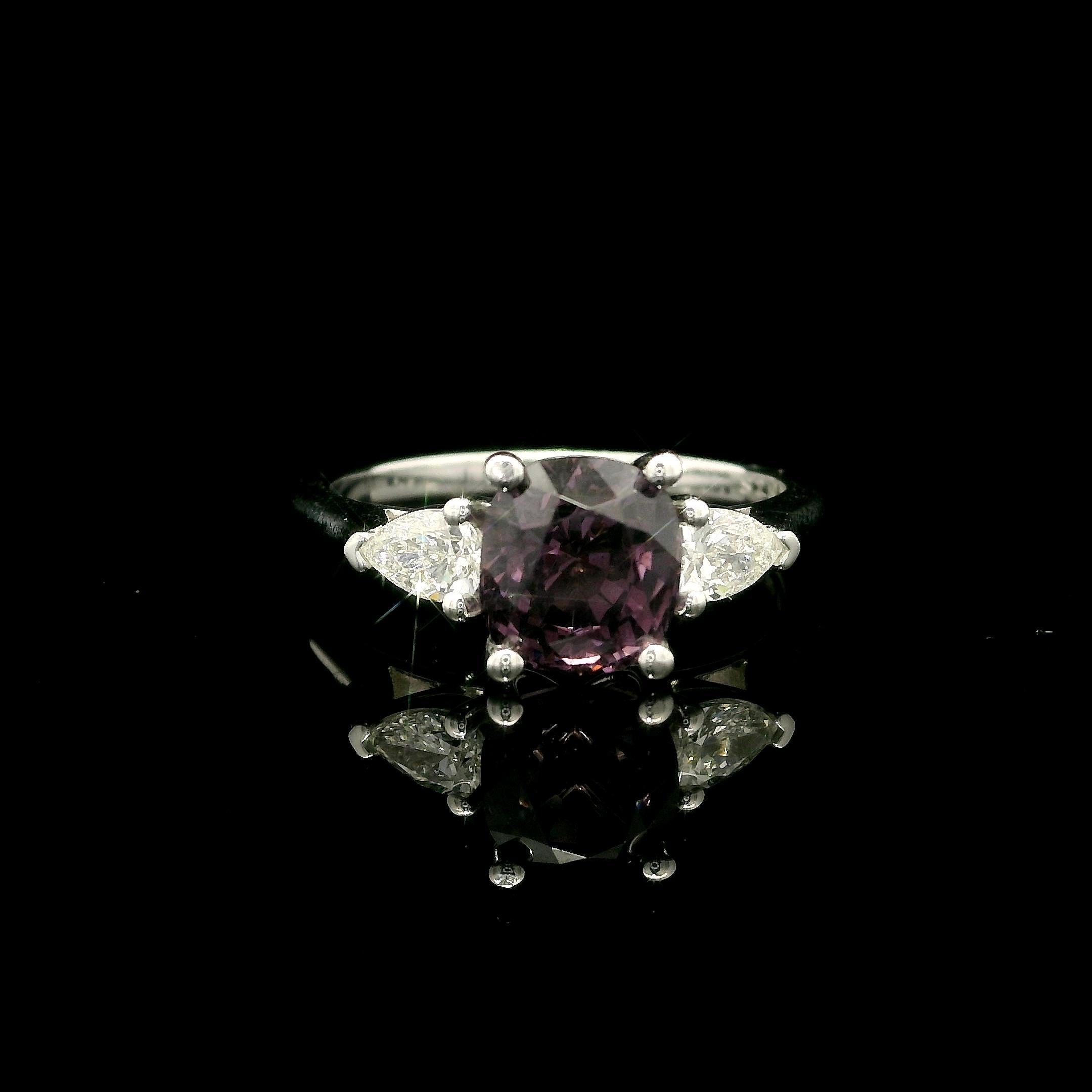14k White Gold 2.44ctw GIA Pinkish Purple Cushion Spinel Pear Diamond Sides Ring For Sale 6