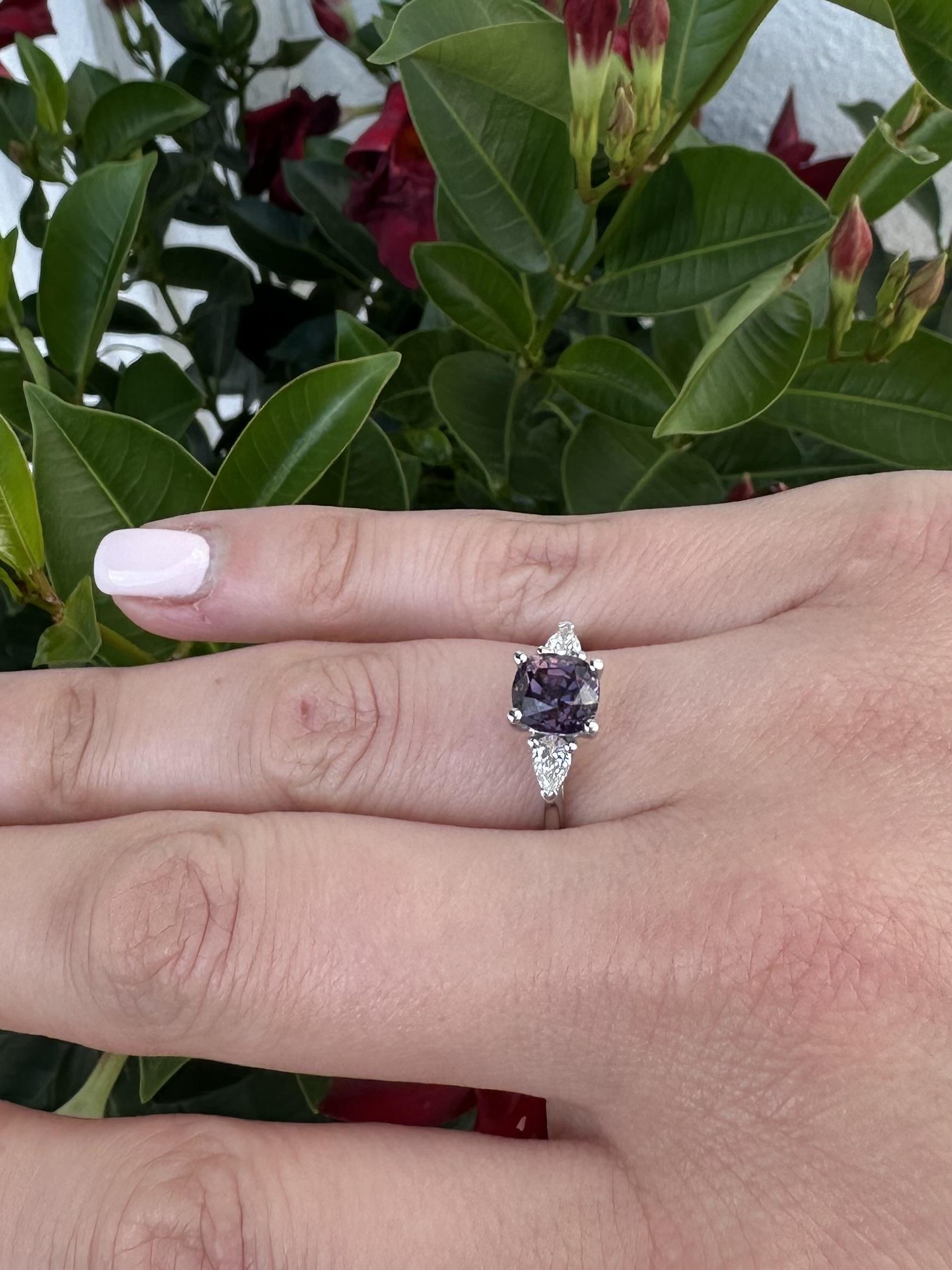 14k White Gold 2.44ctw GIA Pinkish Purple Cushion Spinel Pear Diamond Sides Ring For Sale 8