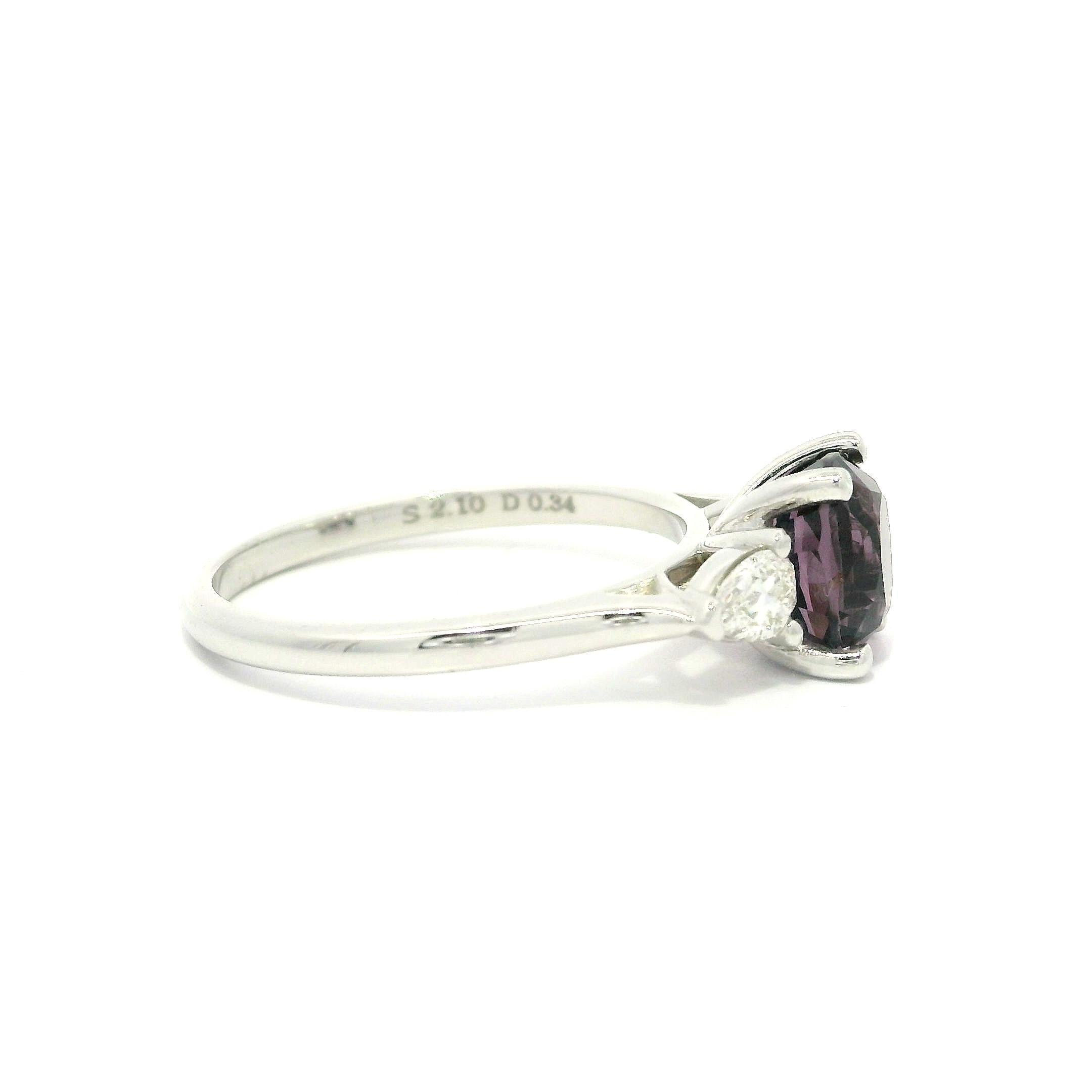 Cushion Cut 14k White Gold 2.44ctw GIA Pinkish Purple Cushion Spinel Pear Diamond Sides Ring For Sale