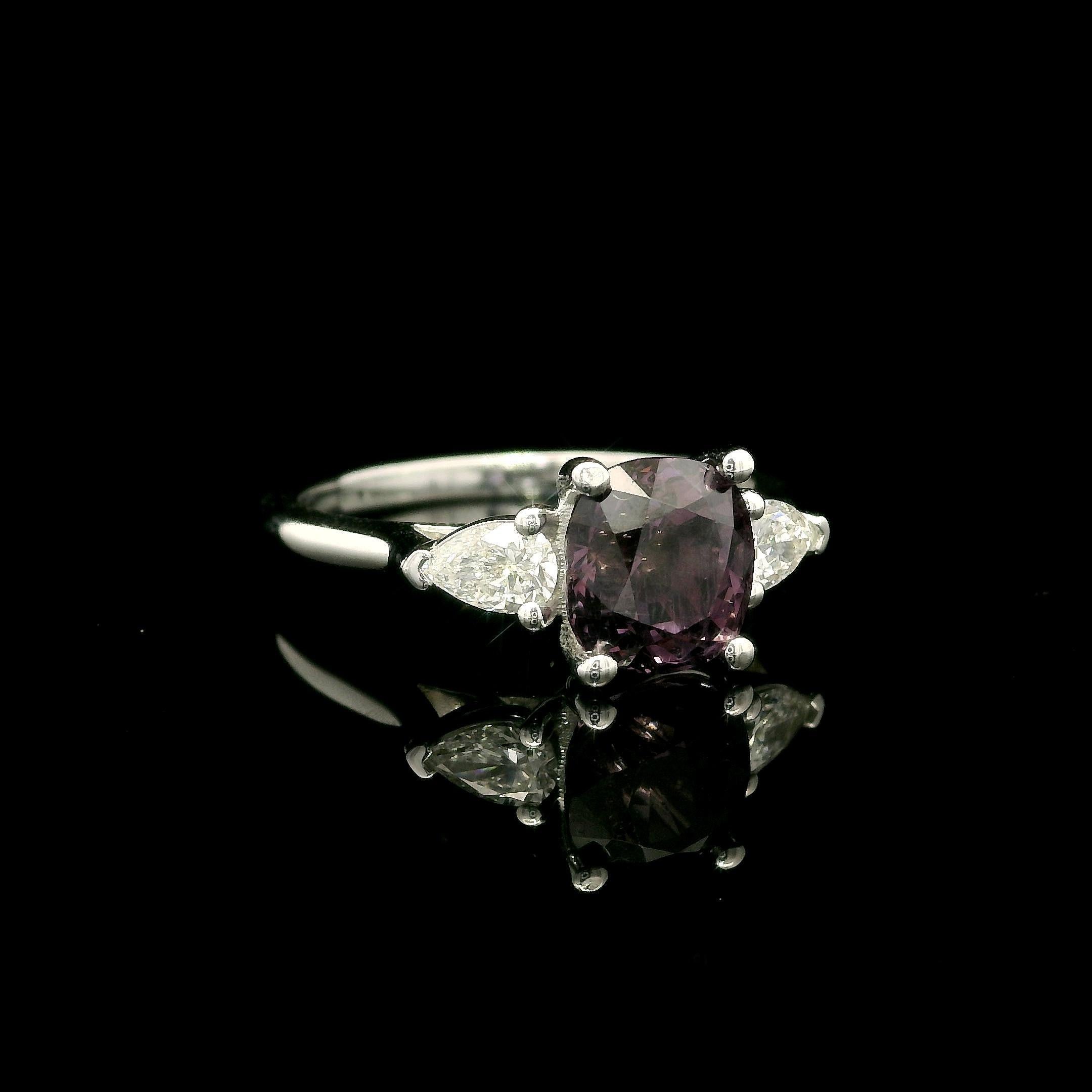 Women's 14k White Gold 2.44ctw GIA Pinkish Purple Cushion Spinel Pear Diamond Sides Ring For Sale