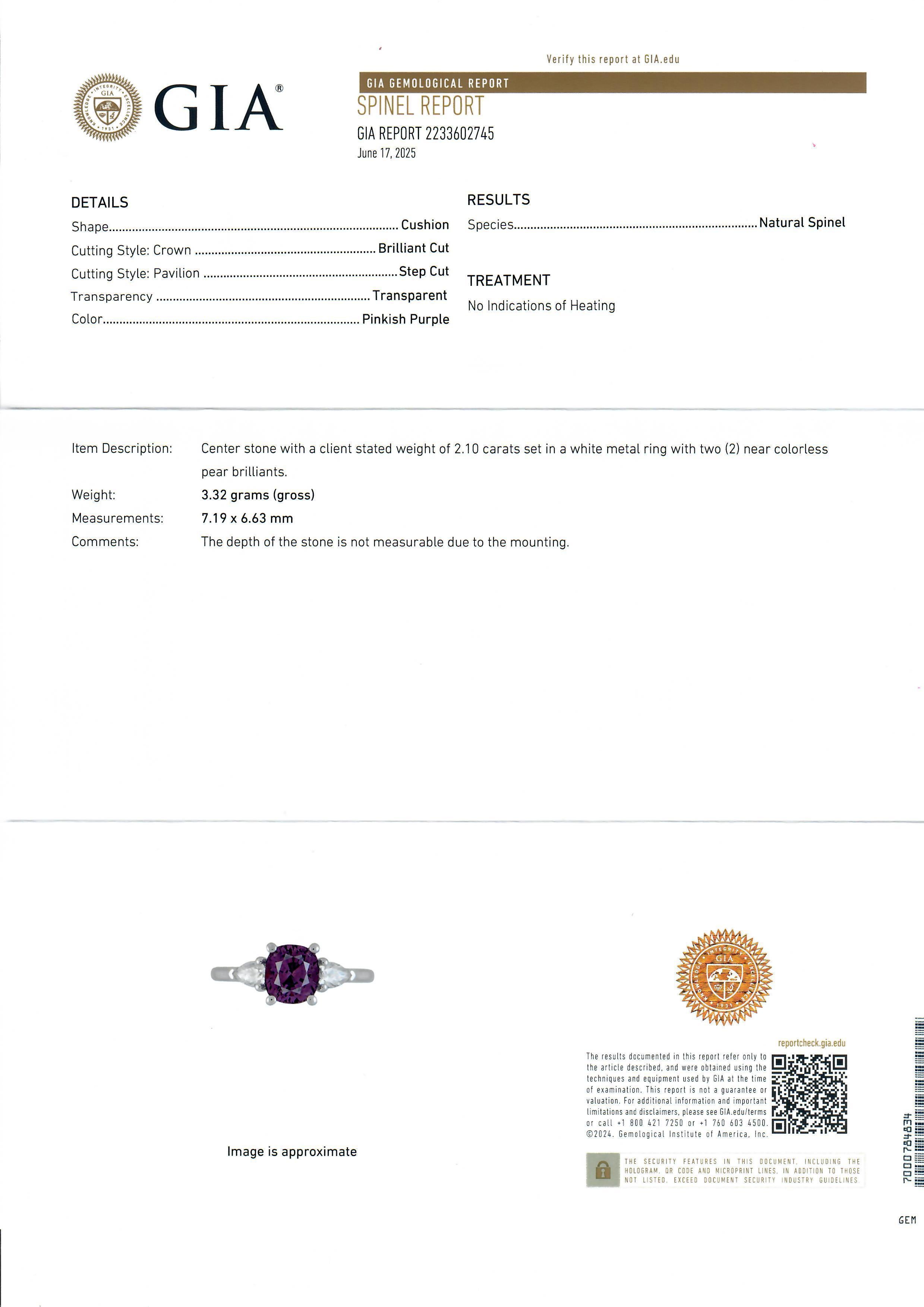14k White Gold 2.44ctw GIA Pinkish Purple Cushion Spinel Pear Diamond Sides Ring For Sale 2
