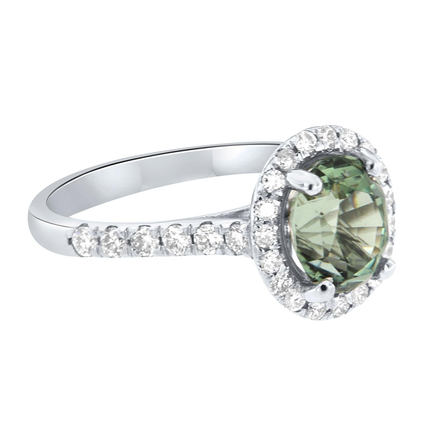 Oval Cut 14K White Gold 2.47 Carat Oval Green Tourmaline Halo Diamond Ring For Sale