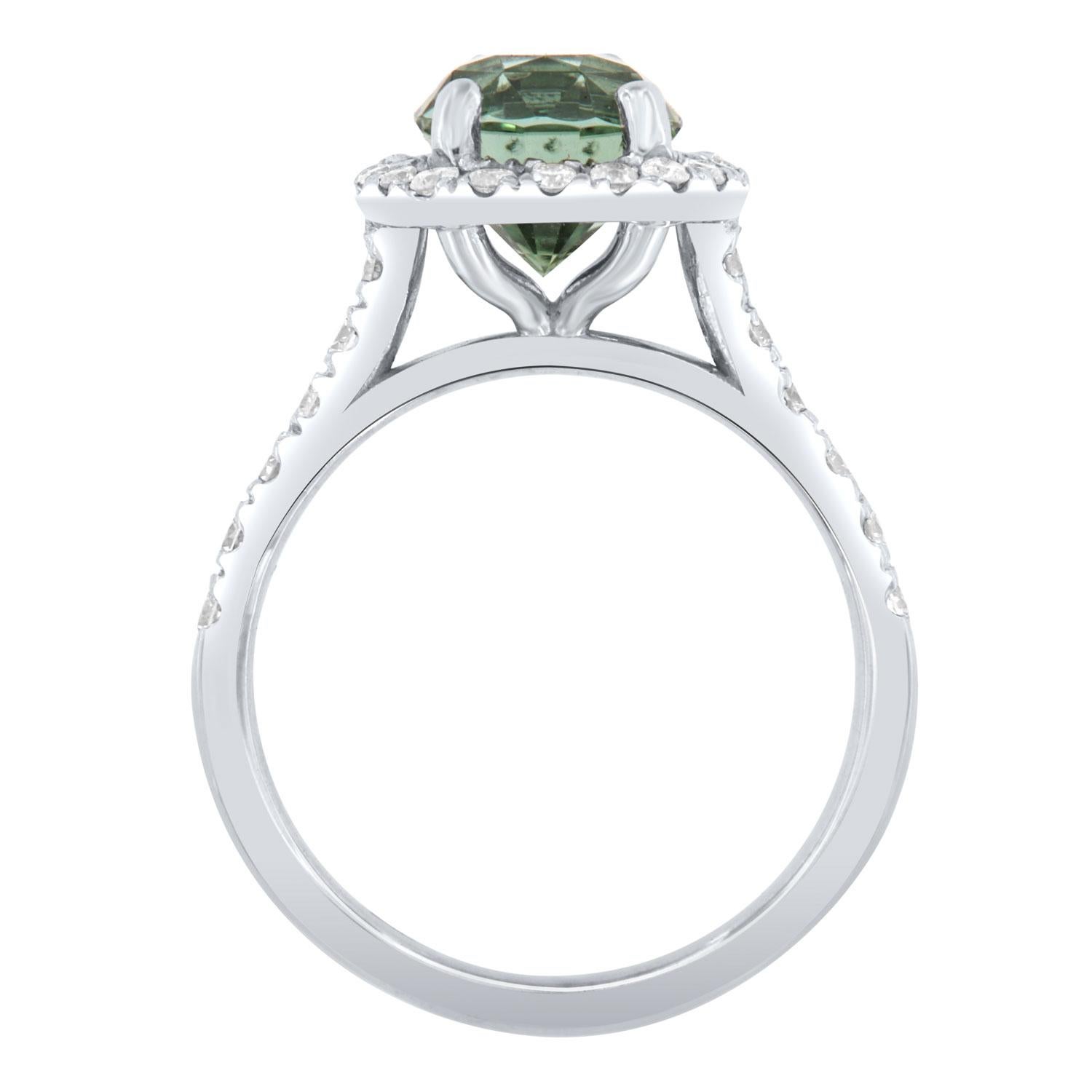 14K White Gold 2.47 Carat Oval Green Tourmaline Halo Diamond Ring In New Condition For Sale In San Francisco, CA