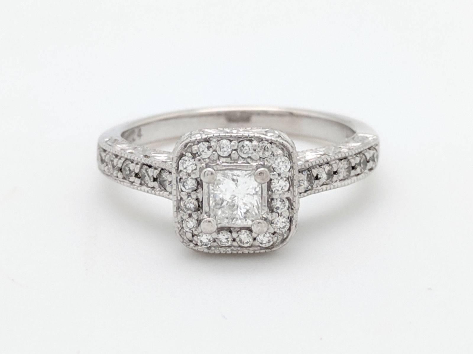 Women's or Men's 14 Karat White Gold .24 Carat Princess Cut Diamond Halo Engagement Ring SI2/H