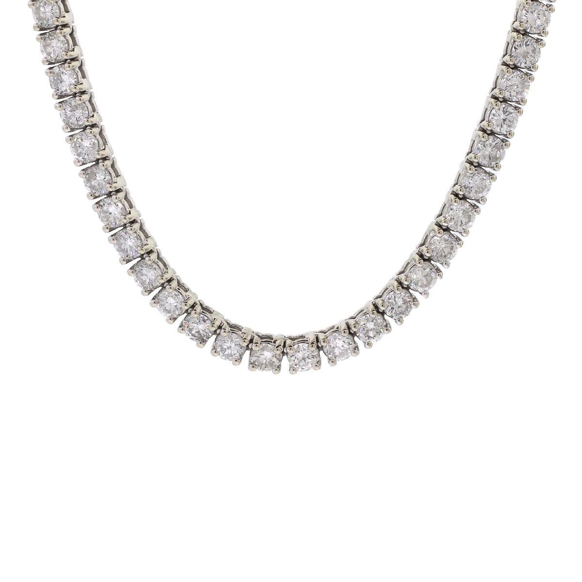 Company: N/A

Style of jewelry: Diamond tennis necklace

Material: 14k white gold

Stones: 120 stones of approximately 24ctw of round cut Diamonds

Dimensions: 20 inches in length

Weight: 45.8g (29.5dwt)

SKU: 11599-1