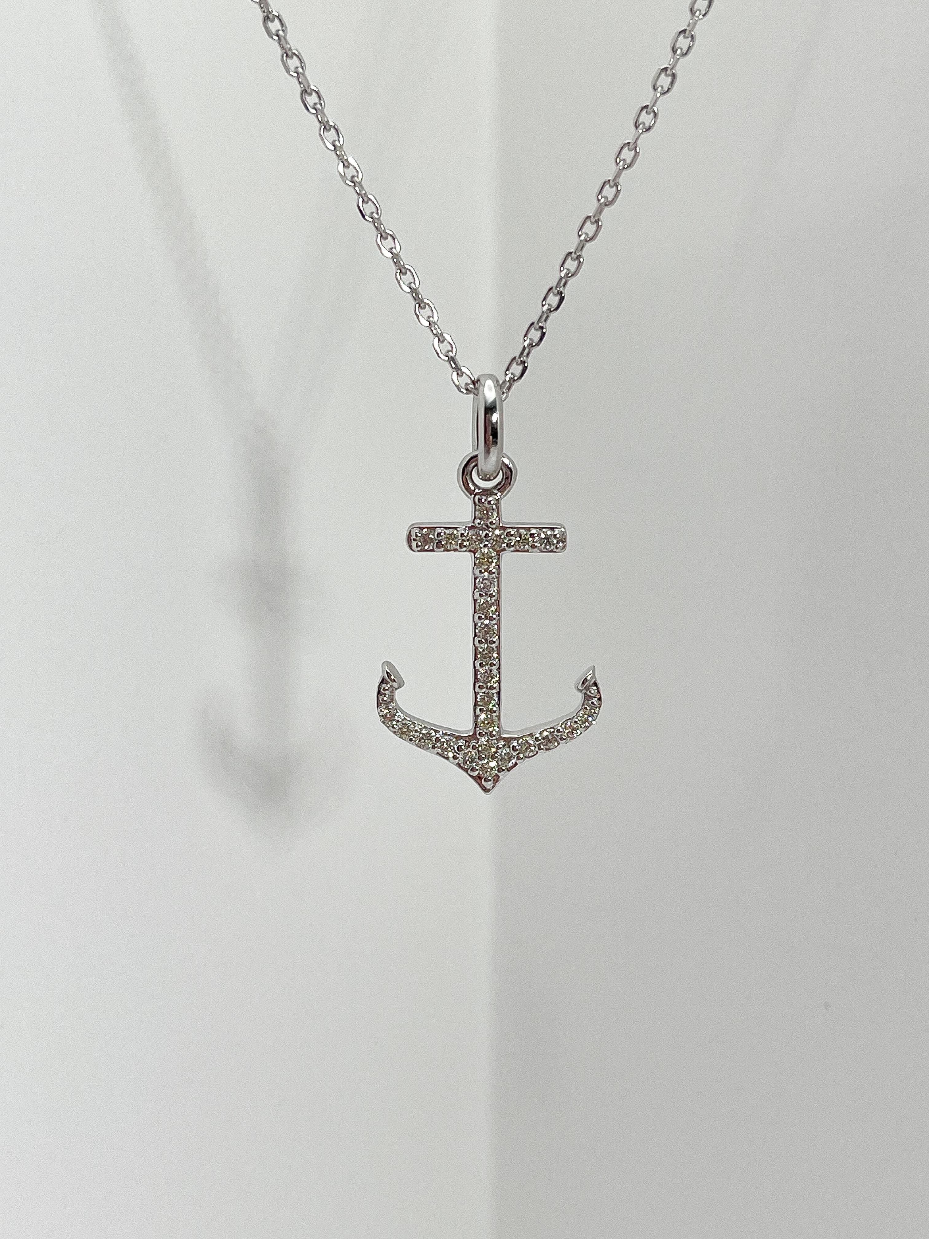 Round Cut 14K White Gold .25 CTW Diamond Anchor Pendant Necklace For Sale