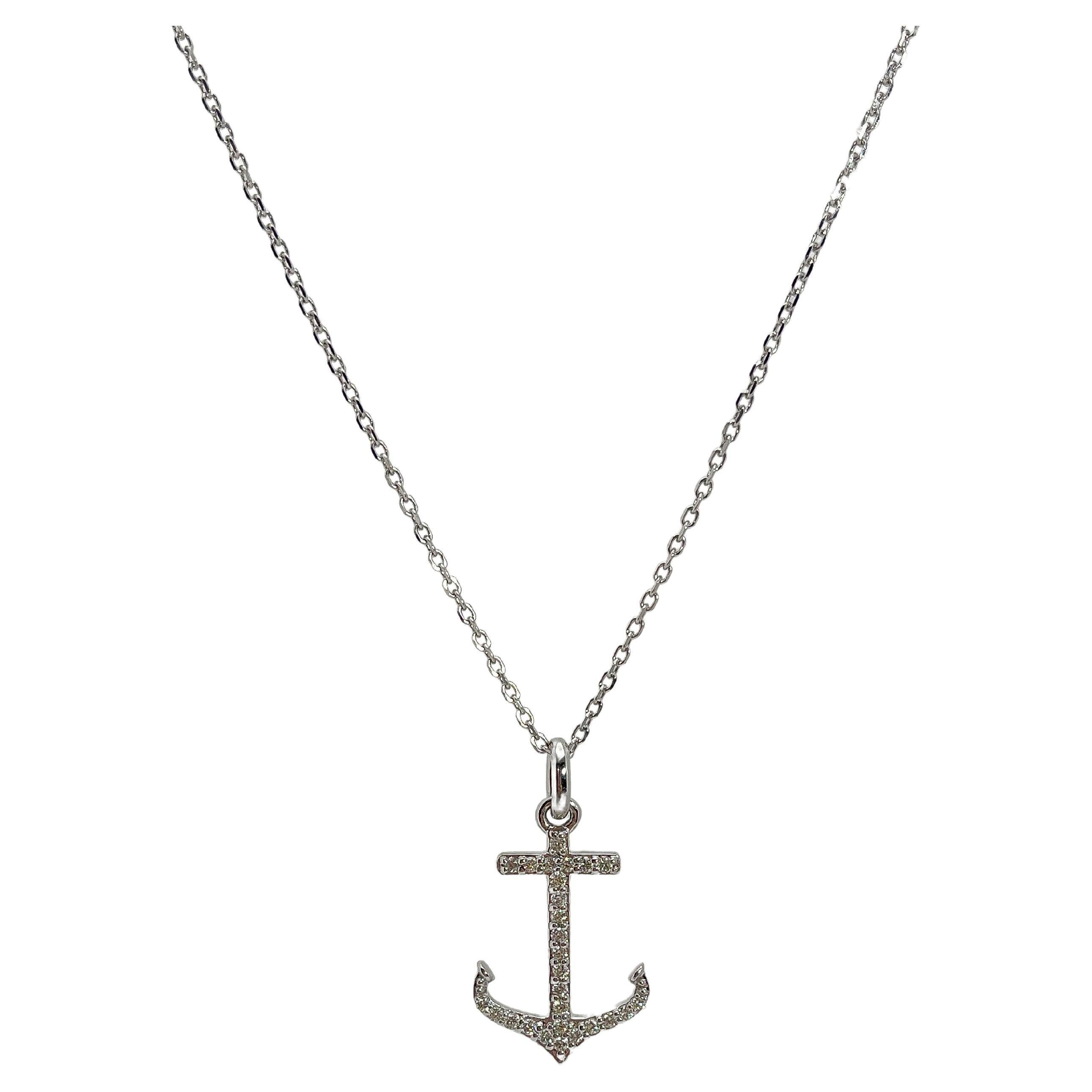 14K White Gold .25 CTW Diamond Anchor Pendant Necklace For Sale
