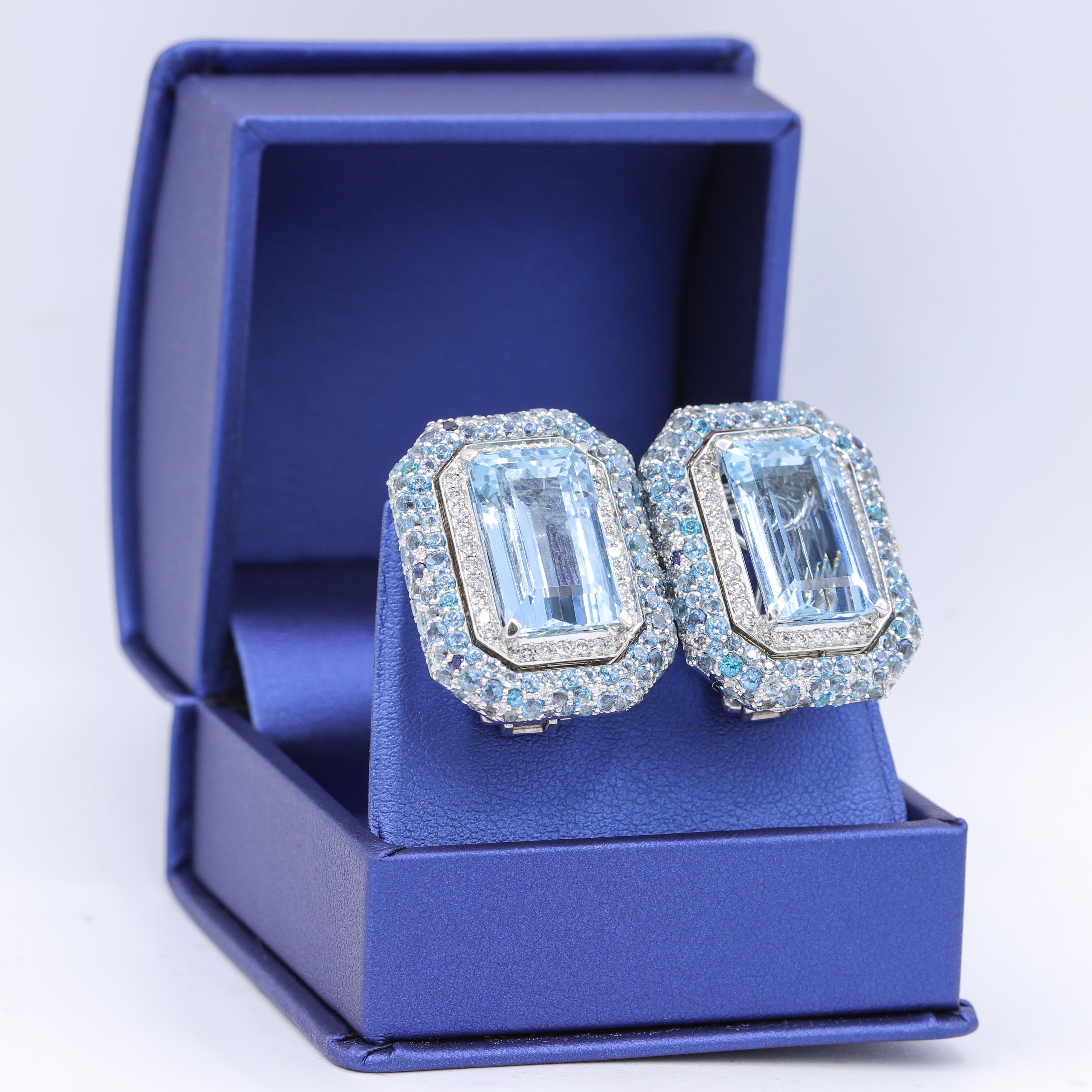 Emerald Cut 14 Karat White Gold 25.00 Carat Aquamarine and Diamond Earrings For Sale