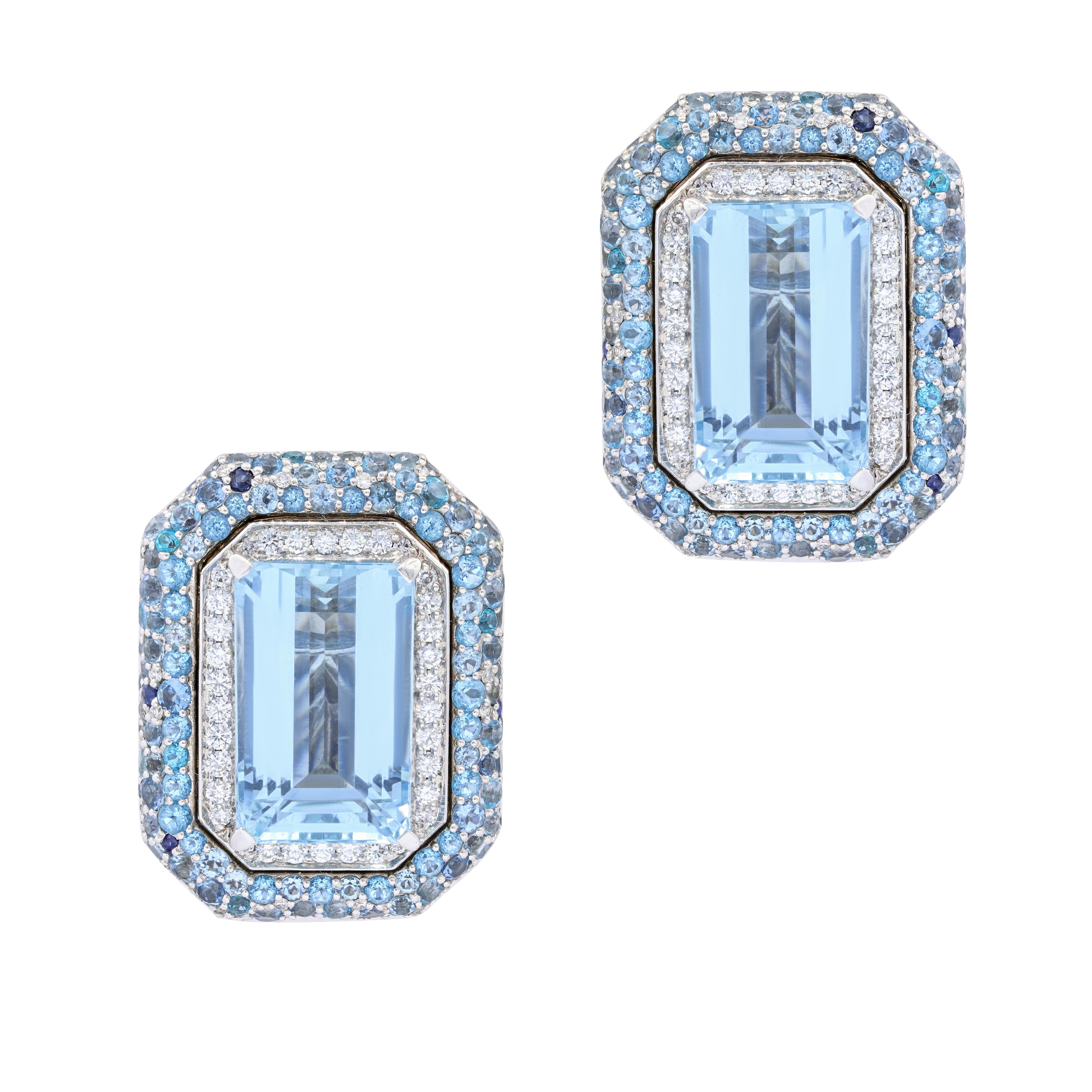 14 Karat White Gold 25.00 Carat Aquamarine and Diamond Earrings For Sale