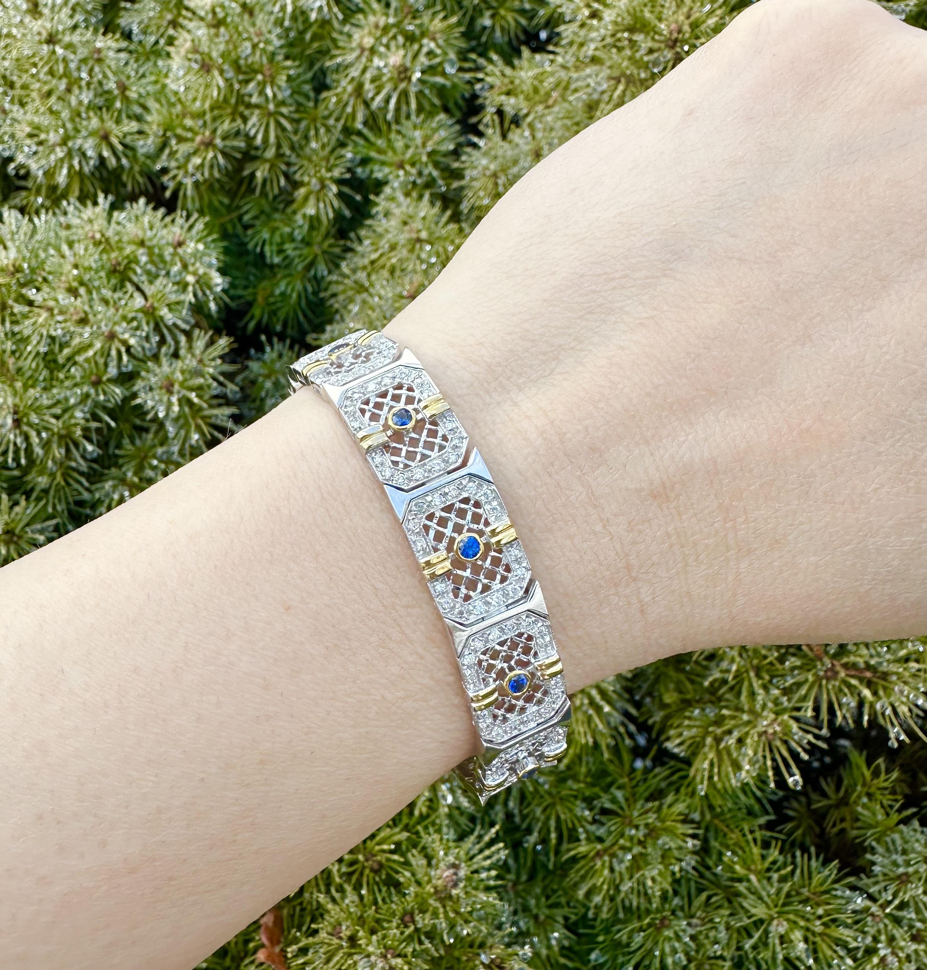 Bracelet à larges maillons en or blanc 14k 2.51ct Diamond Sapphire Filigree Open Work en vente 5
