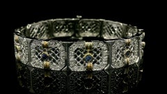 14k White Gold 2.51ct Diamond Sapphire Filigree Open Work Wide Link Bracelet
