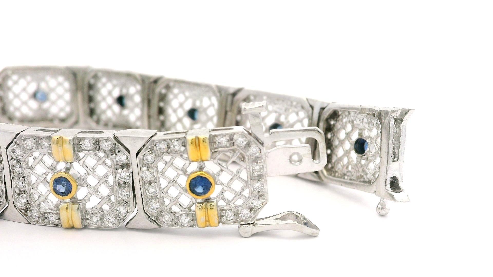 Bracelet à larges maillons en or blanc 14k 2.51ct Diamond Sapphire Filigree Open Work en vente 1