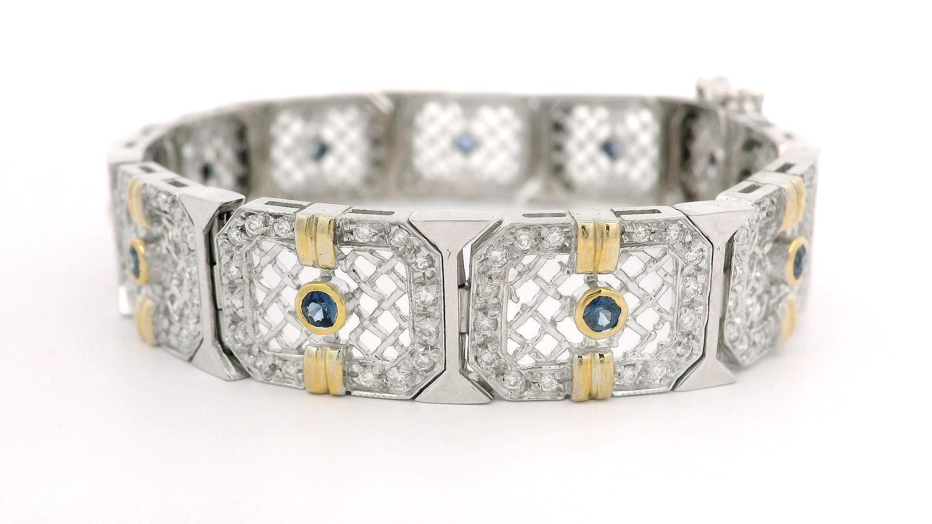 Bracelet à larges maillons en or blanc 14k 2.51ct Diamond Sapphire Filigree Open Work en vente 3