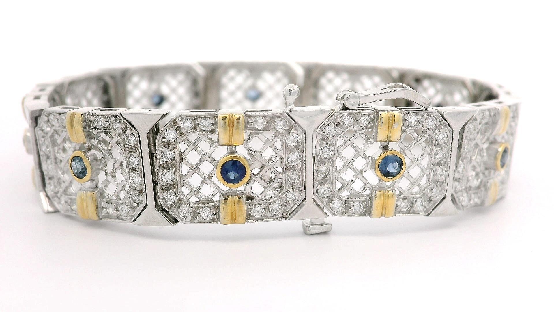 Bracelet à larges maillons en or blanc 14k 2.51ct Diamond Sapphire Filigree Open Work en vente 4