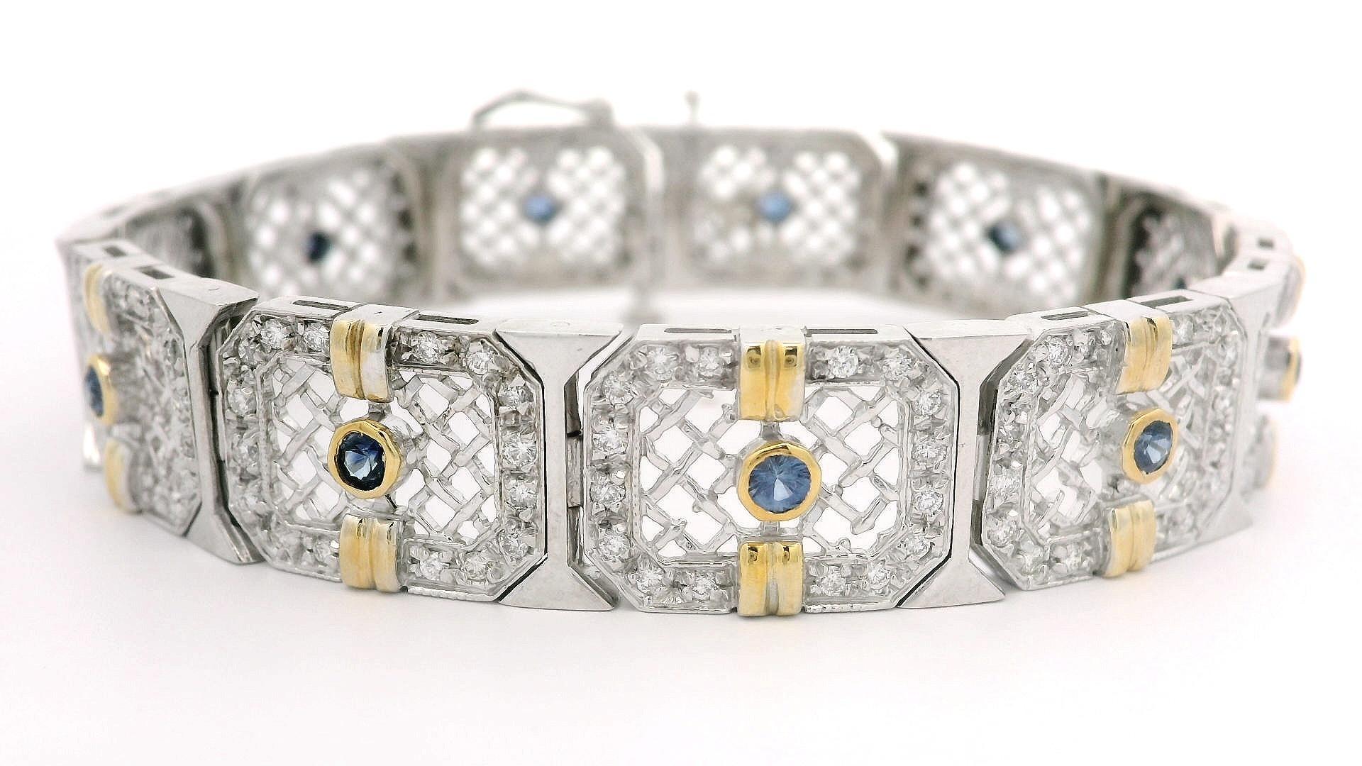 14k White Gold 2.51ct Diamond Sapphire Filigree Open Work Wide Link Bracelet