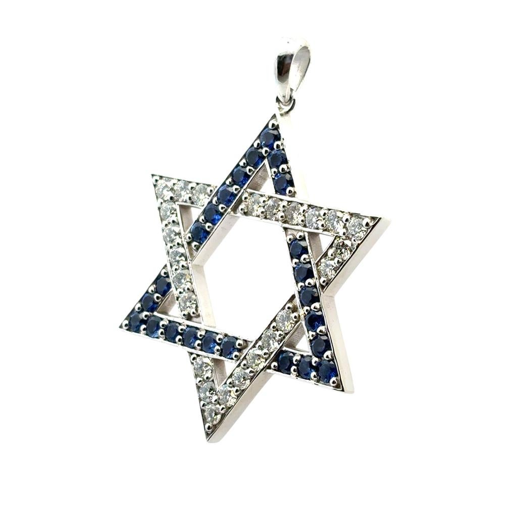 Colgante Estrella de David de oro blanco de 14 quilates con zafiros azules de 2,60 quilates y diamantes de 2,63 quilates Moderno en venta
