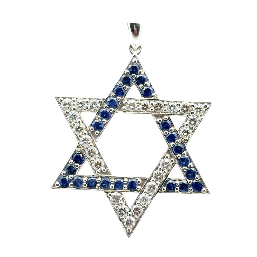 Colgante Estrella de David de oro blanco de 14 quilates con zafiros azules de 2,60 quilates y diamantes de 2,63 quilates en Nuevo estado para la venta en Boca Raton, FL